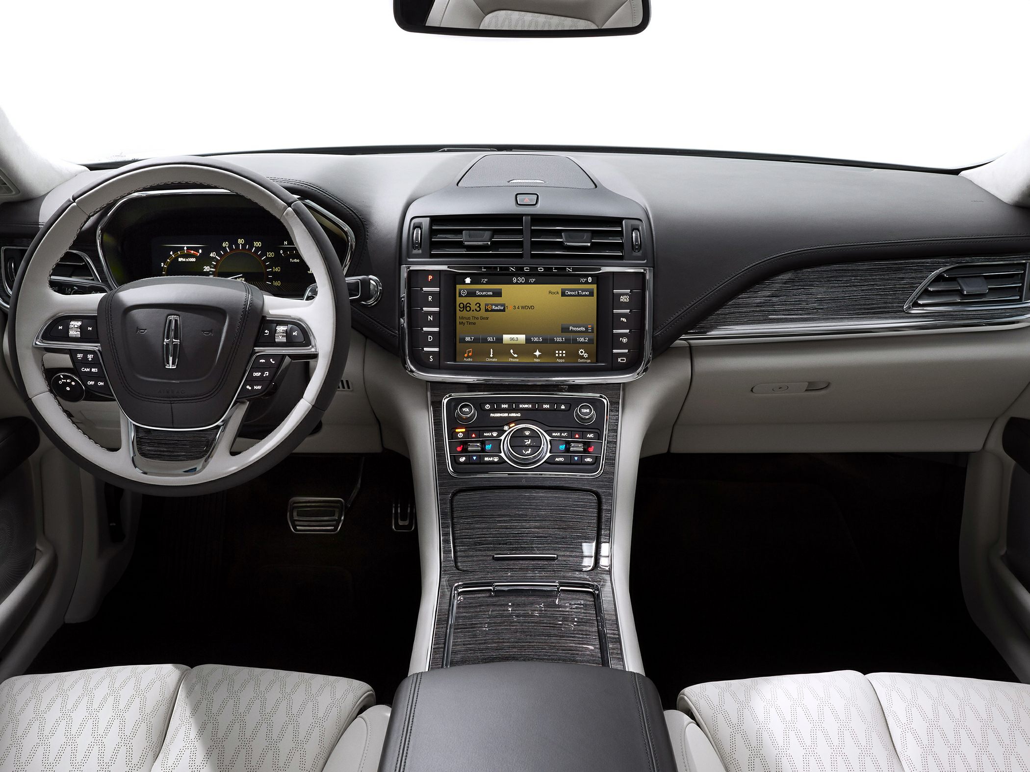 Luxury dashboard and multifunction steering wheel with touchscreen and wood trim