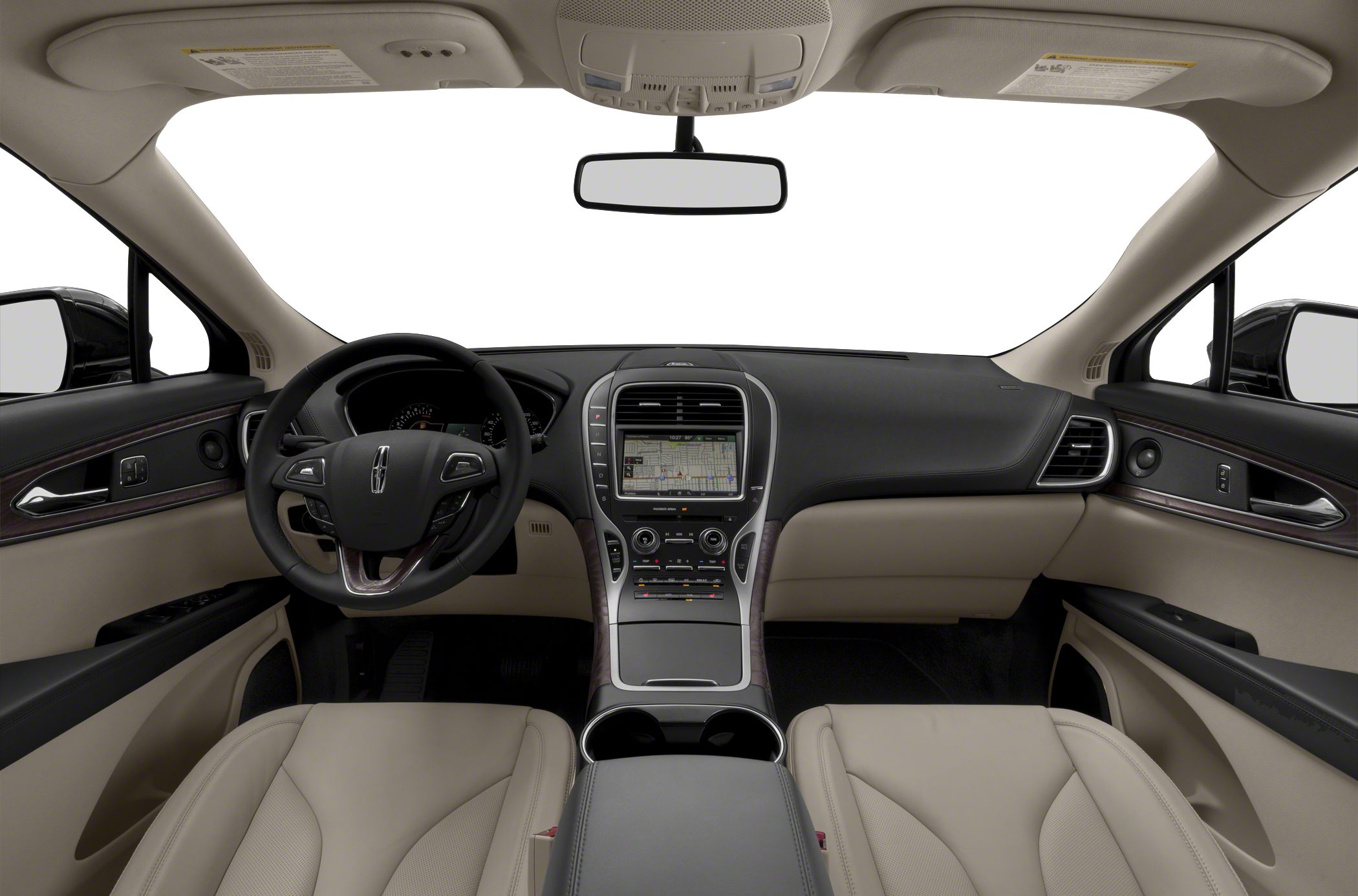 Luxurious dashboard and steering wheel with infotainment display and beige leather seats