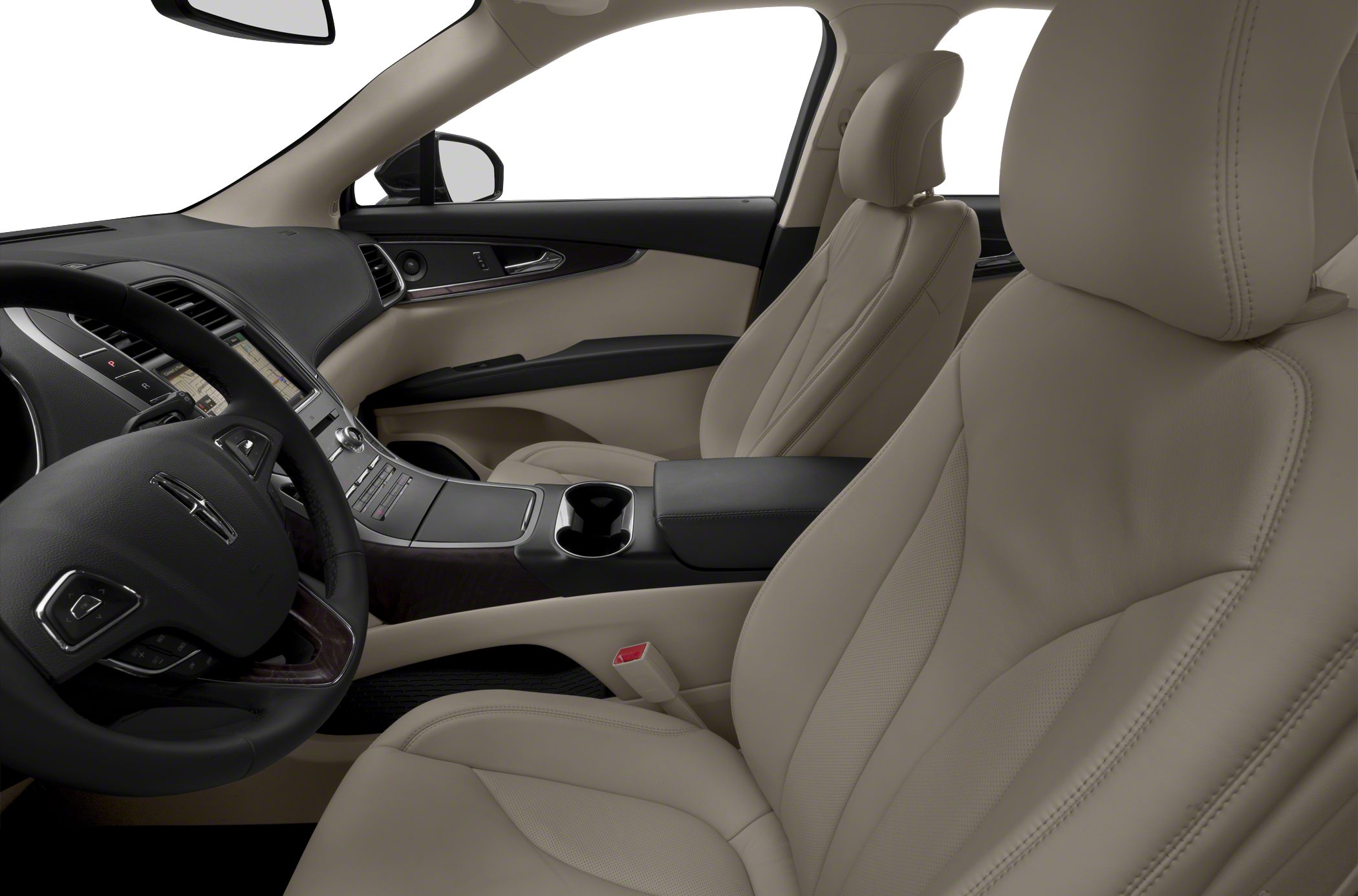 Beige leather front seats and sleek dashboard with center console