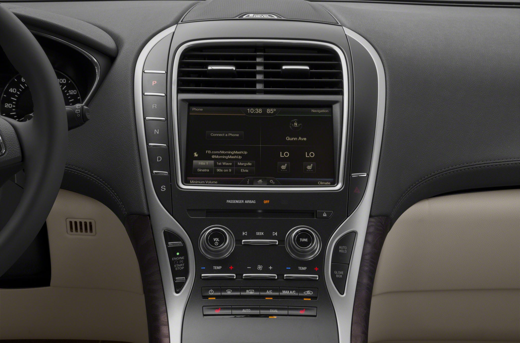 Center console with touchscreen, climate controls, and push-start button