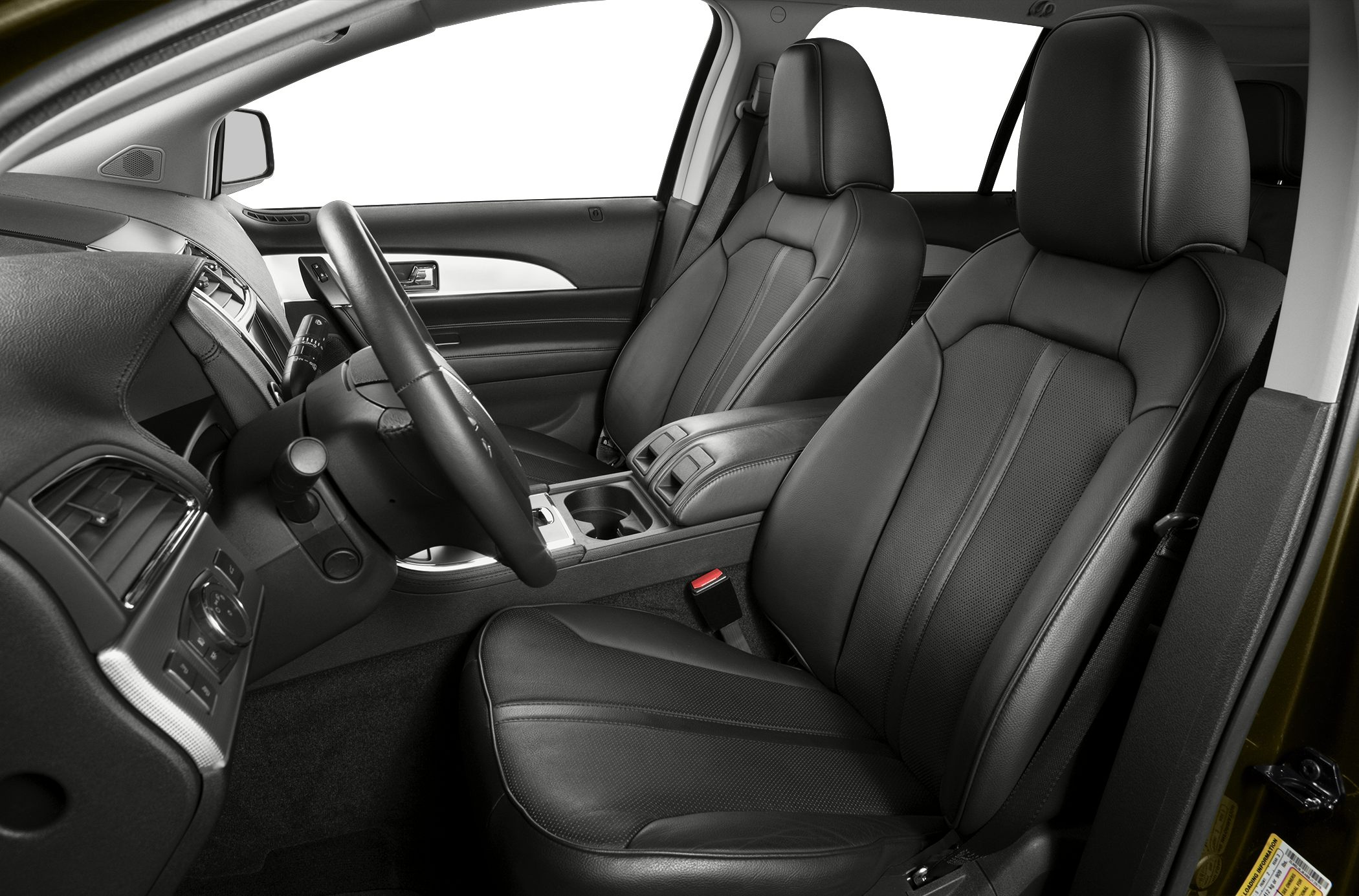 Leather front seats and dashboard interior with steering wheel and center armrest