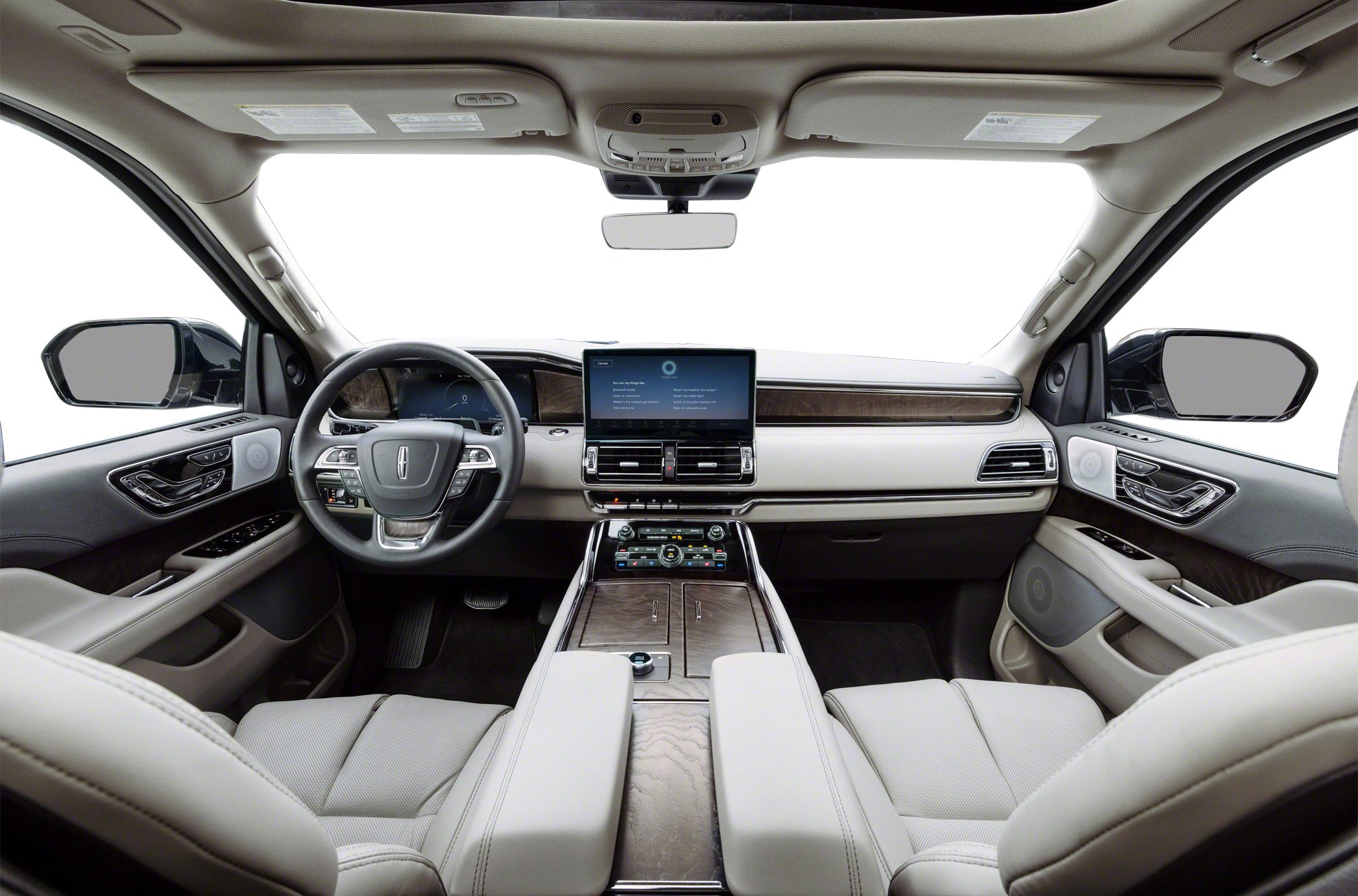 Luxury SUV interior with digital dashboard and wood trim