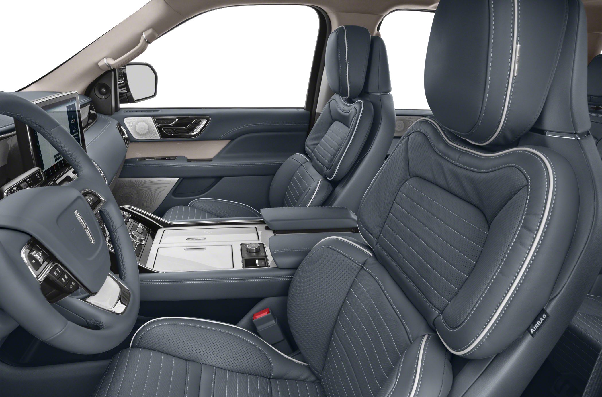 Premium leather seats with detailed stitching and advanced dashboard design.