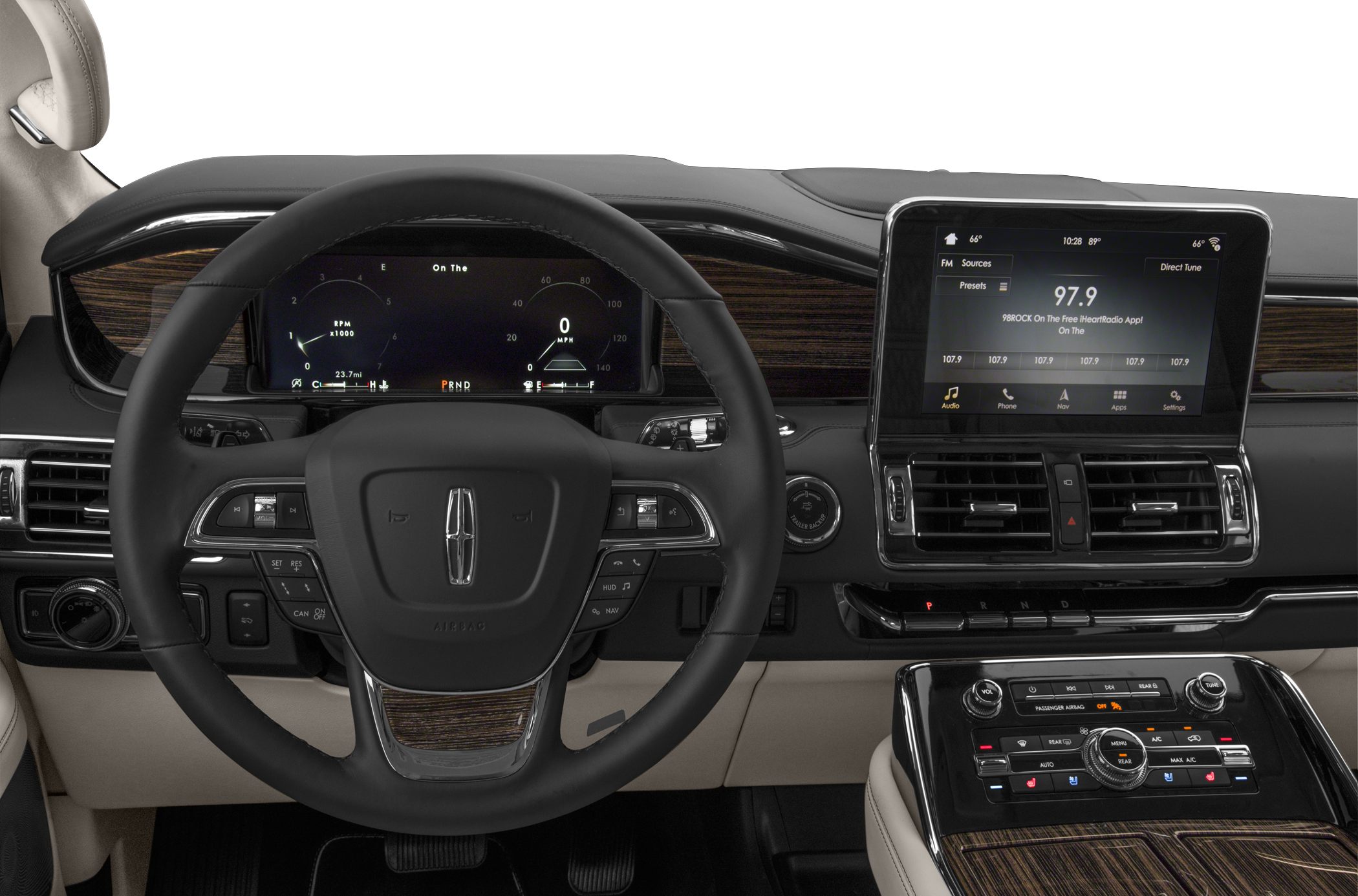 Digital dashboard and infotainment screen with luxury steering wheel and controls