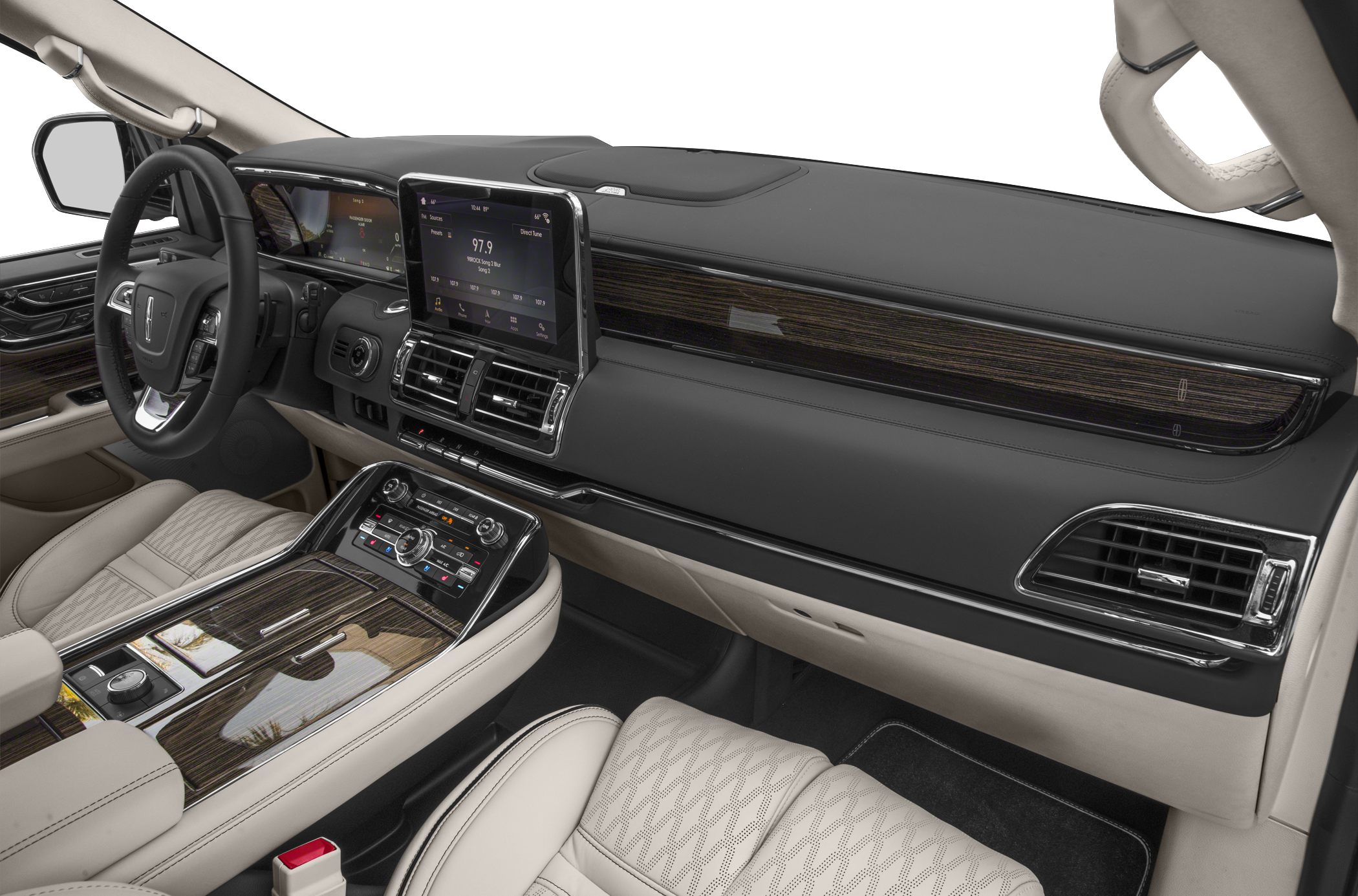 Luxury dashboard and center console with wood trim and infotainment display