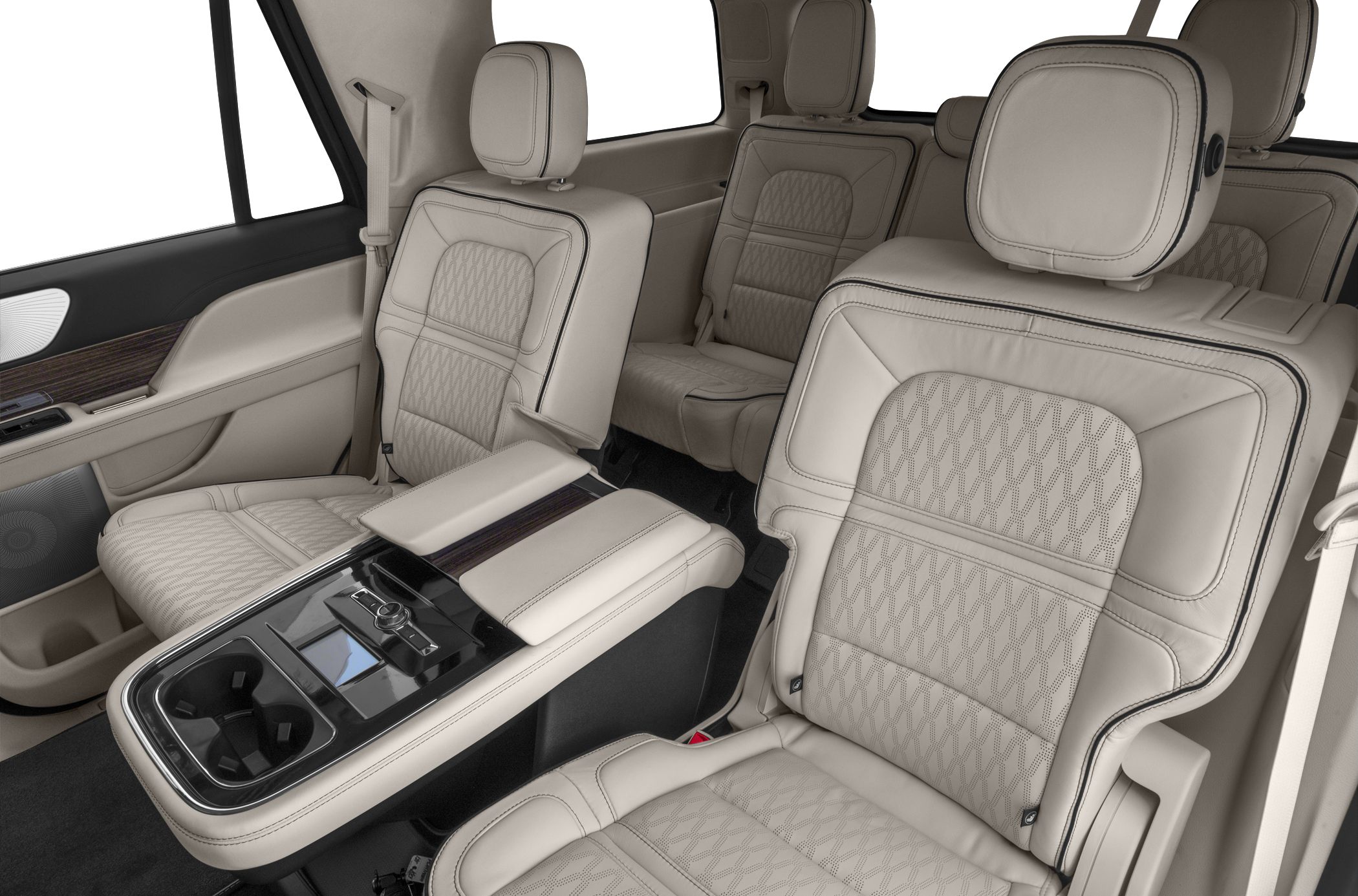 Beige leather second-row seats with center console and armrest
