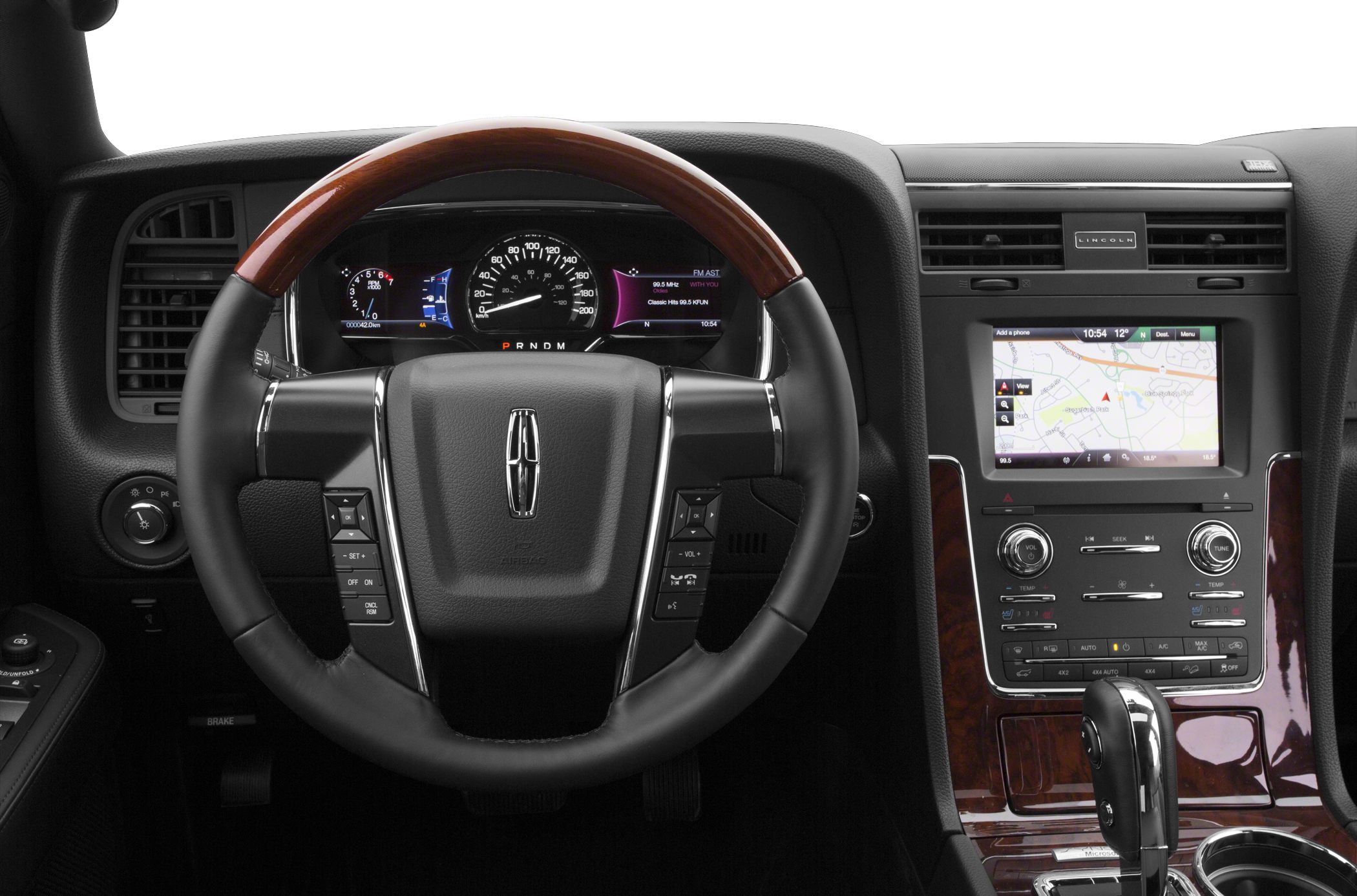 Steering wheel with wood trim and digital cluster, touchscreen infotainment panel