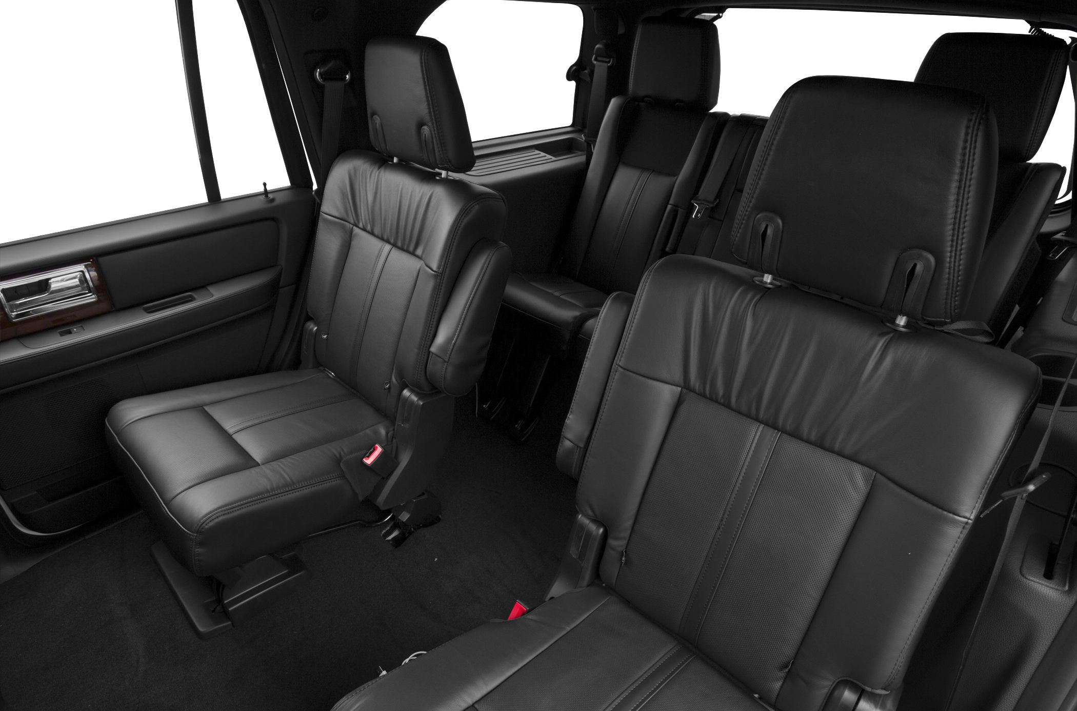 Black leather multi-row seating interior with spacious cabin layout