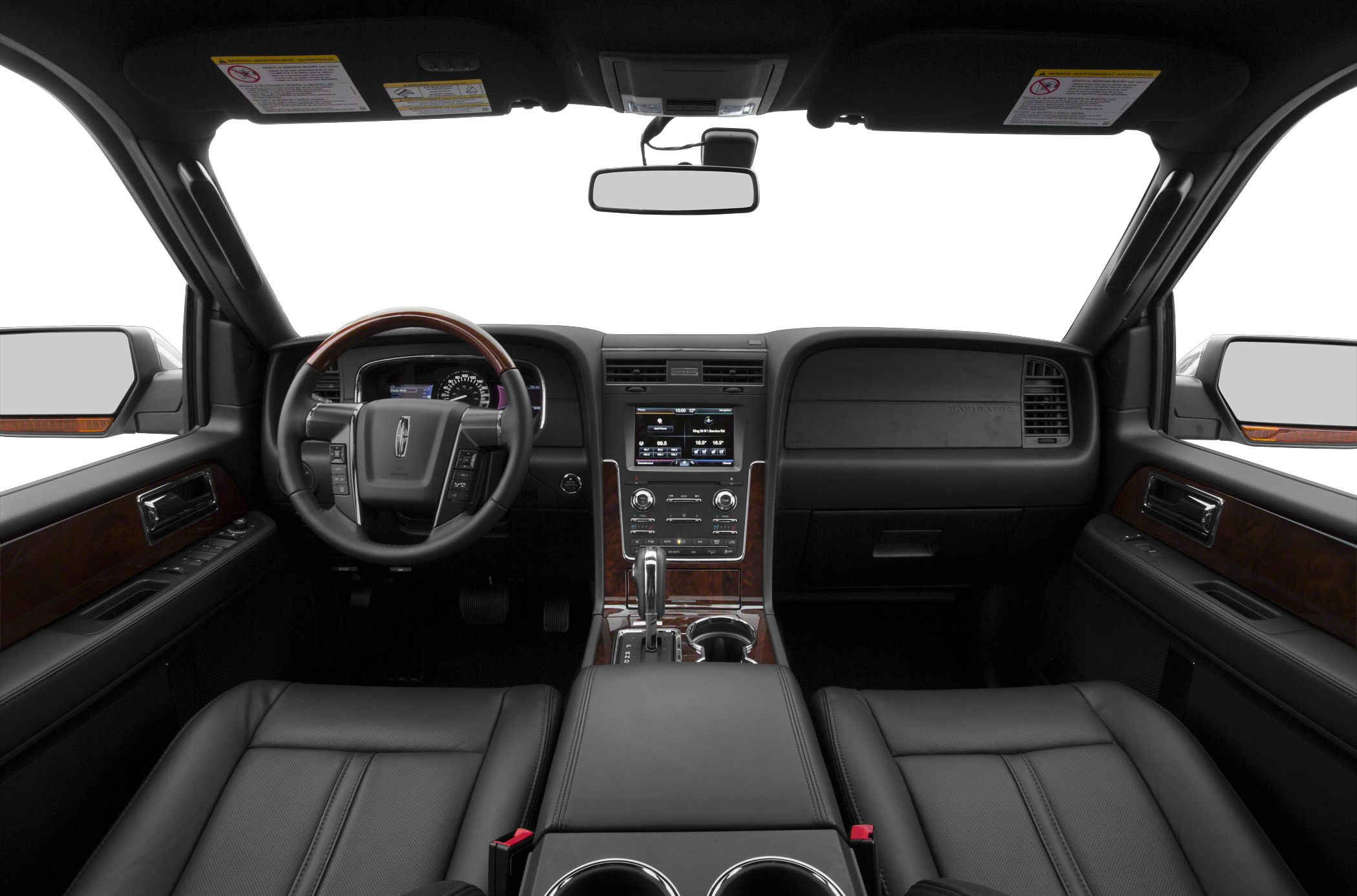 Luxury SUV interior with leather seats and wood trim dashboard