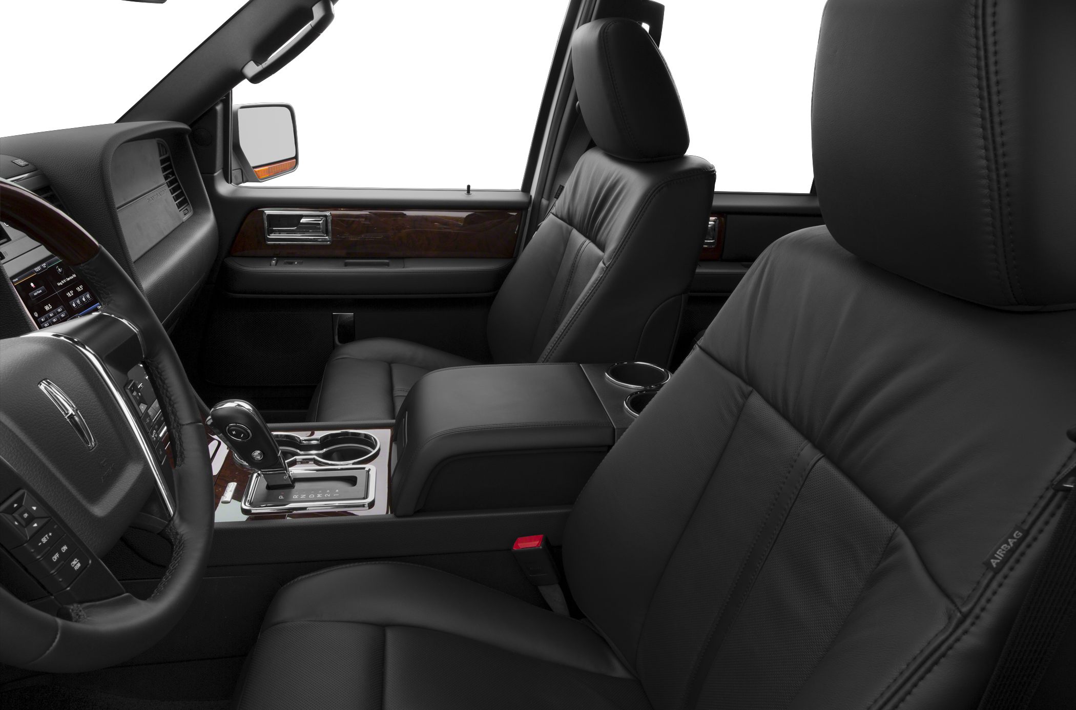 Luxurious black leather seats with advanced console and wood trim.