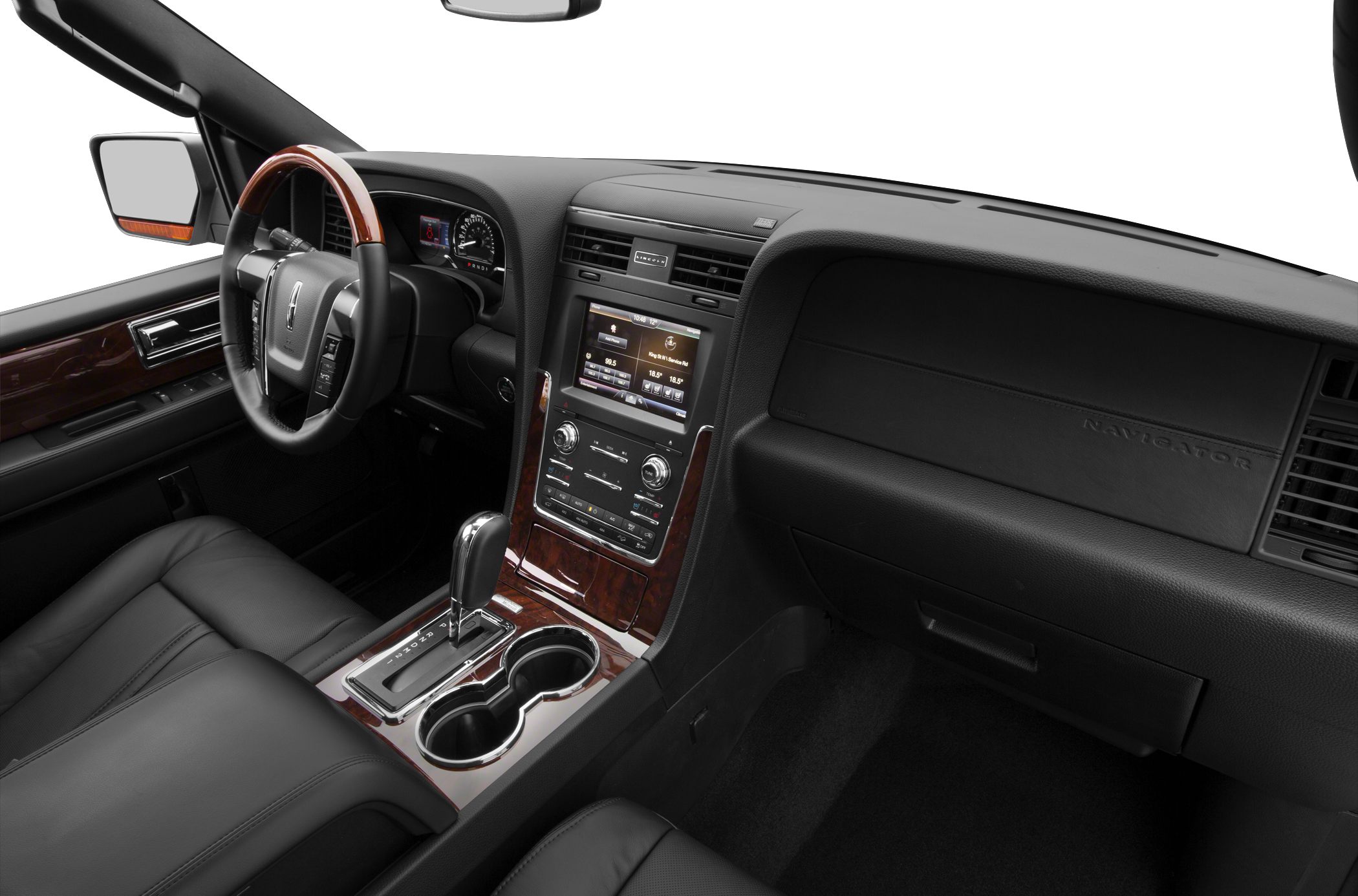 Luxurious dashboard, wood-trim central console with touchscreen and gear shift