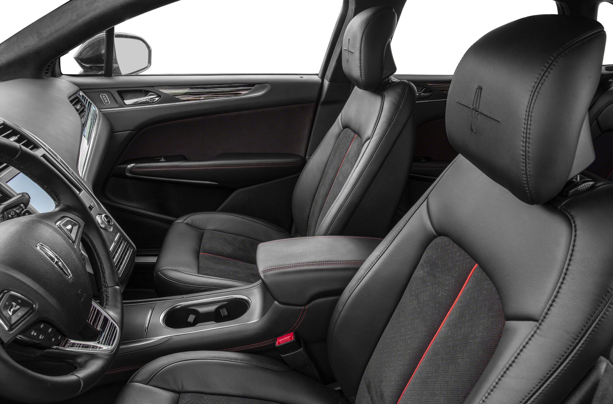 Black leather front seats with red stitching and modern dashboard interior.