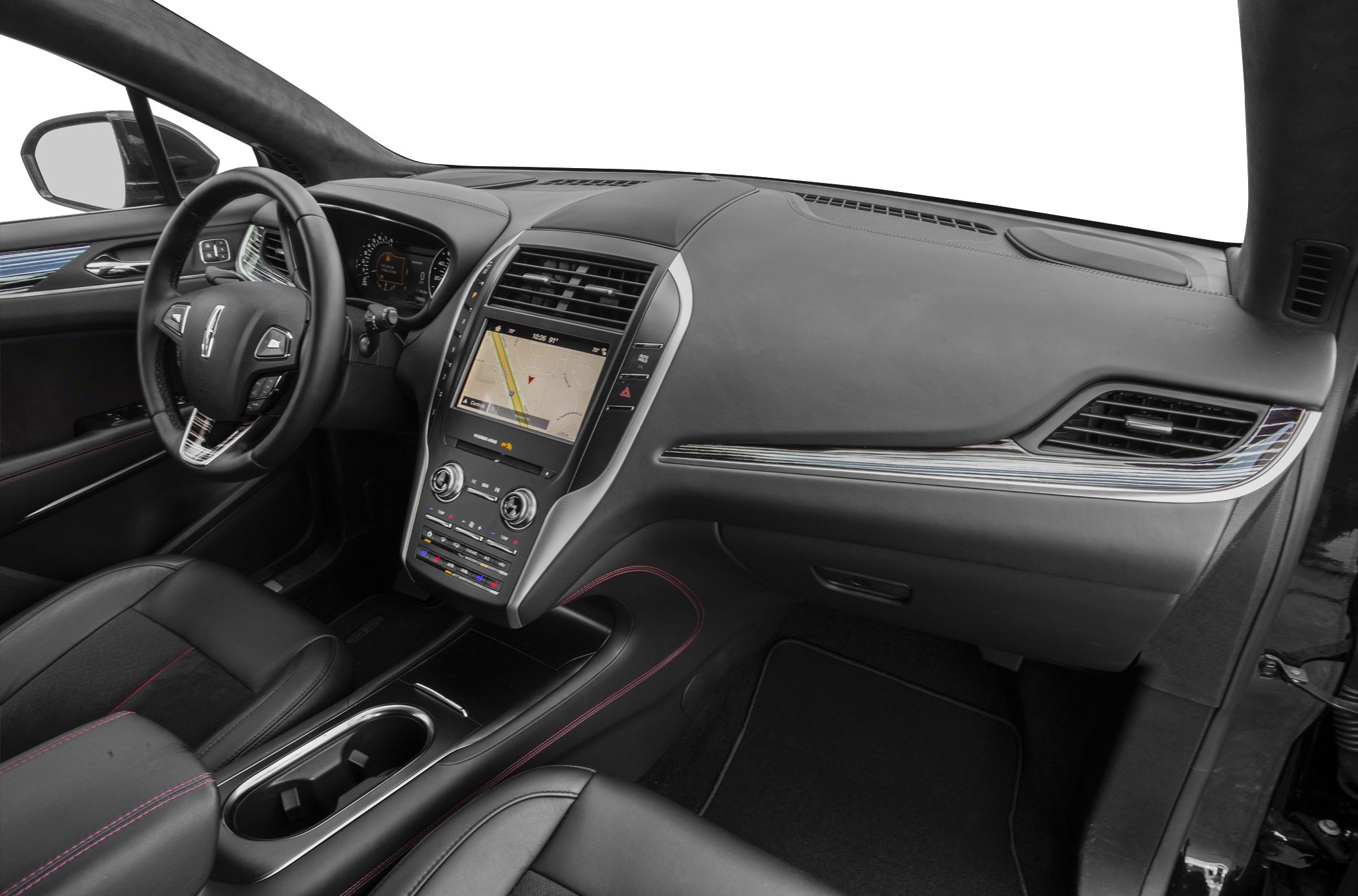 Digital dashboard and touchscreen infotainment with leather steering wheel
