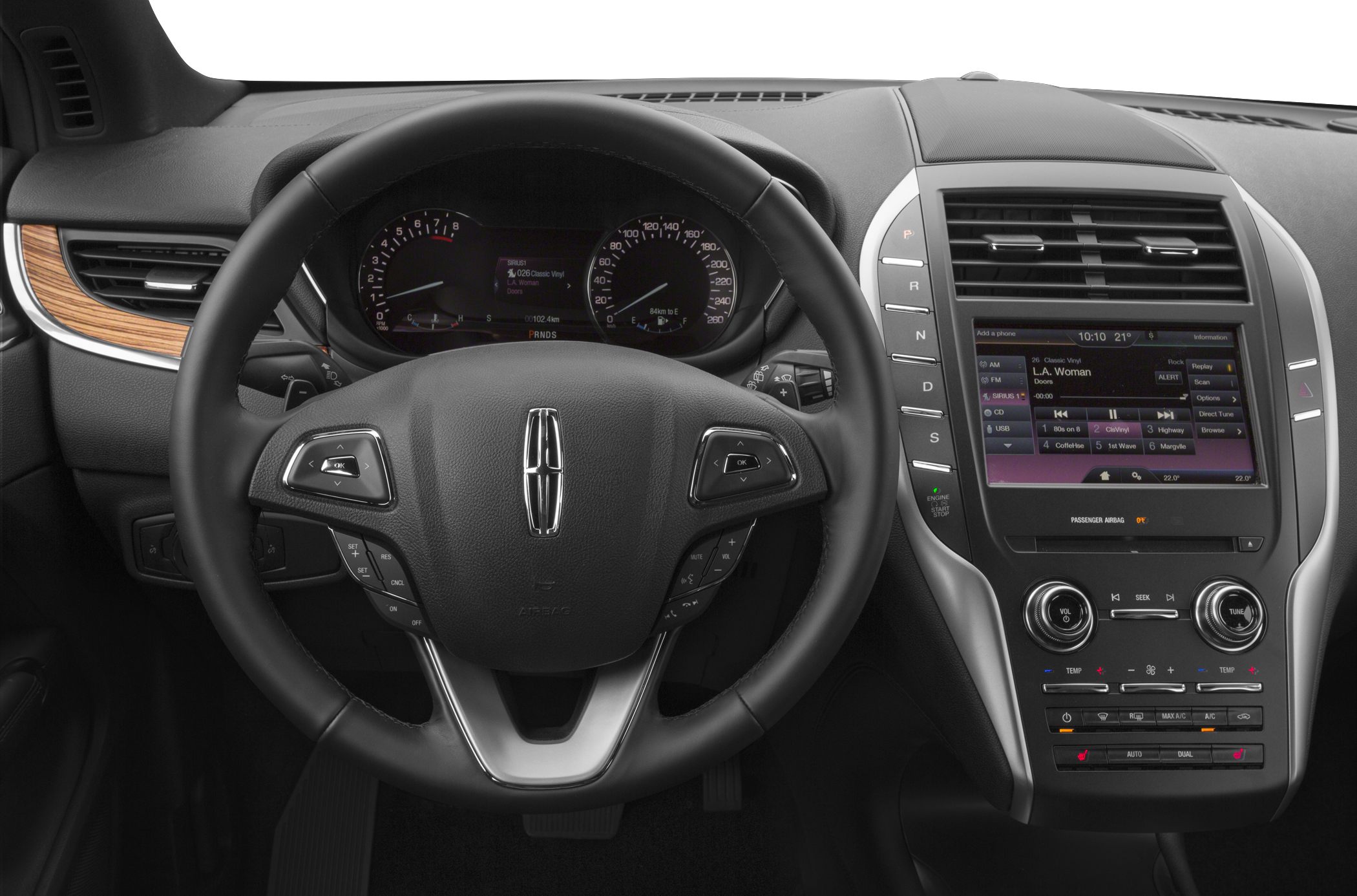 Dashboard, steering wheel, and infotainment system in modern car interior