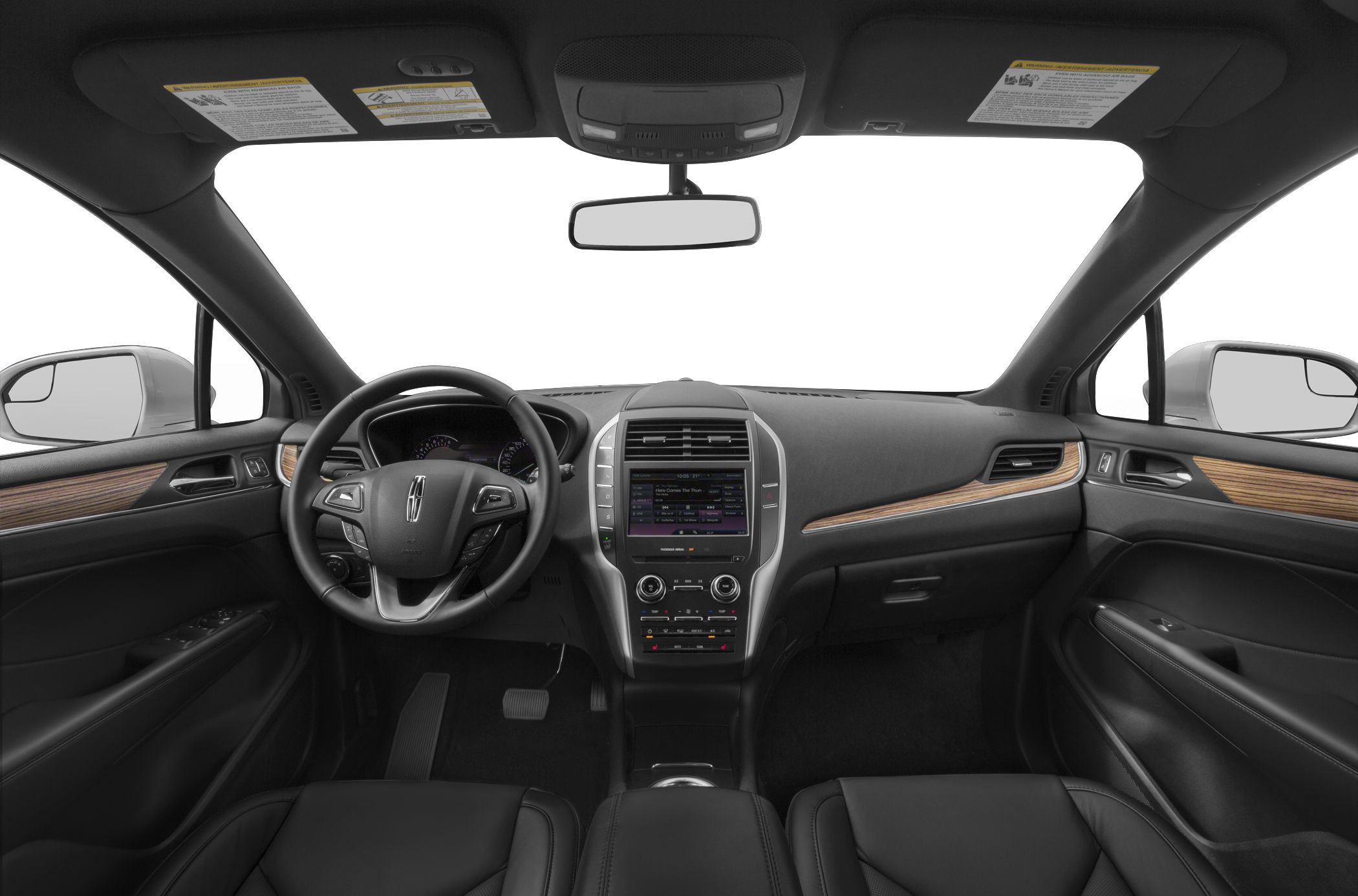 Dashboard with touchscreen, wood trim, leather steering wheel