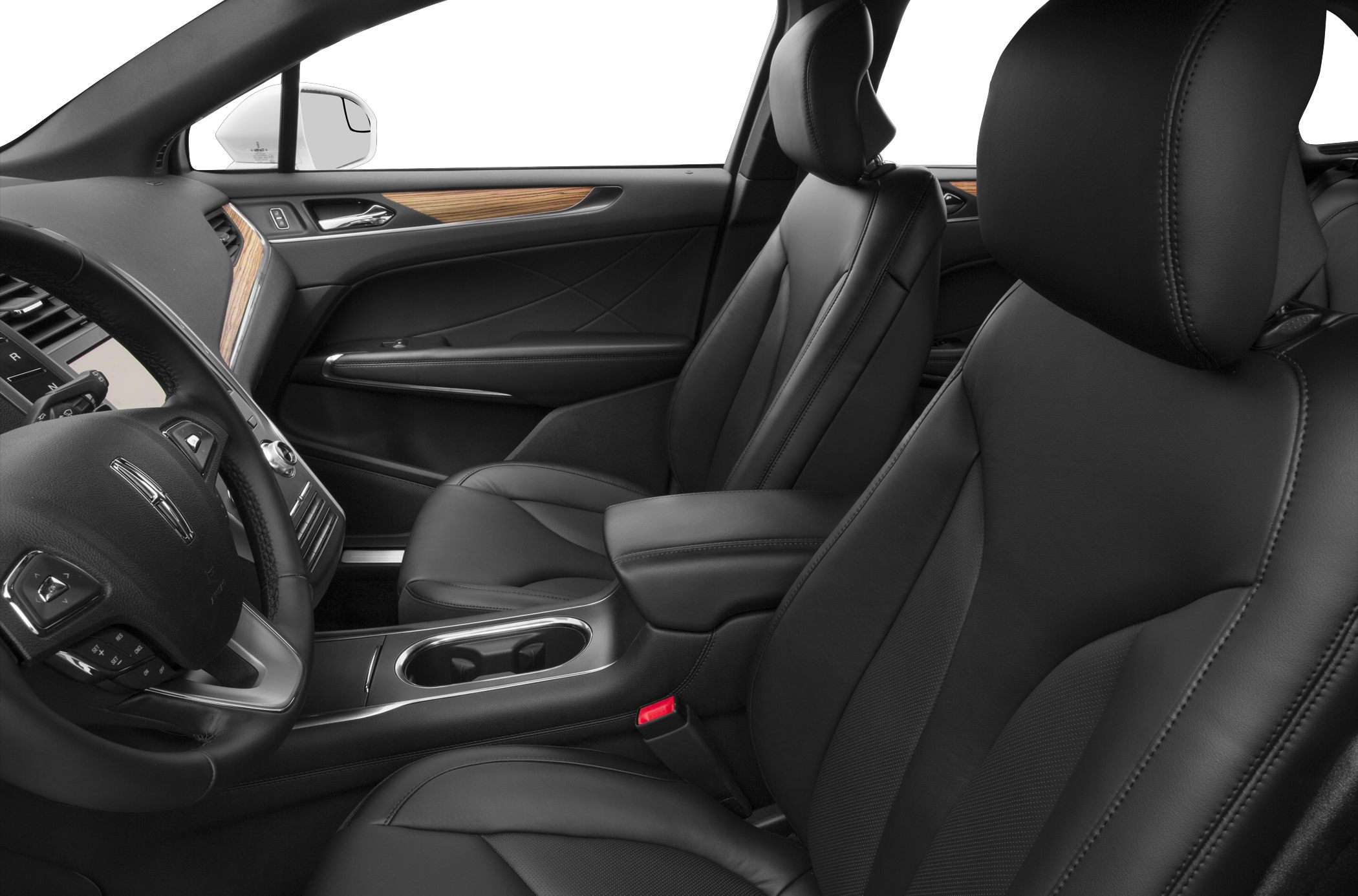 Leather seats with wood trim and center console in front cabin