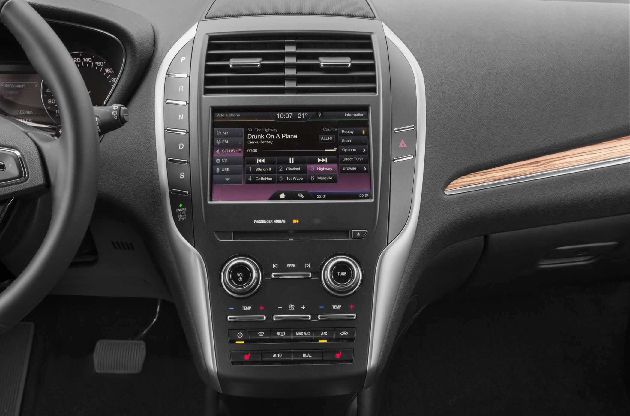 Touchscreen infotainment with climate control and push-button gear selector