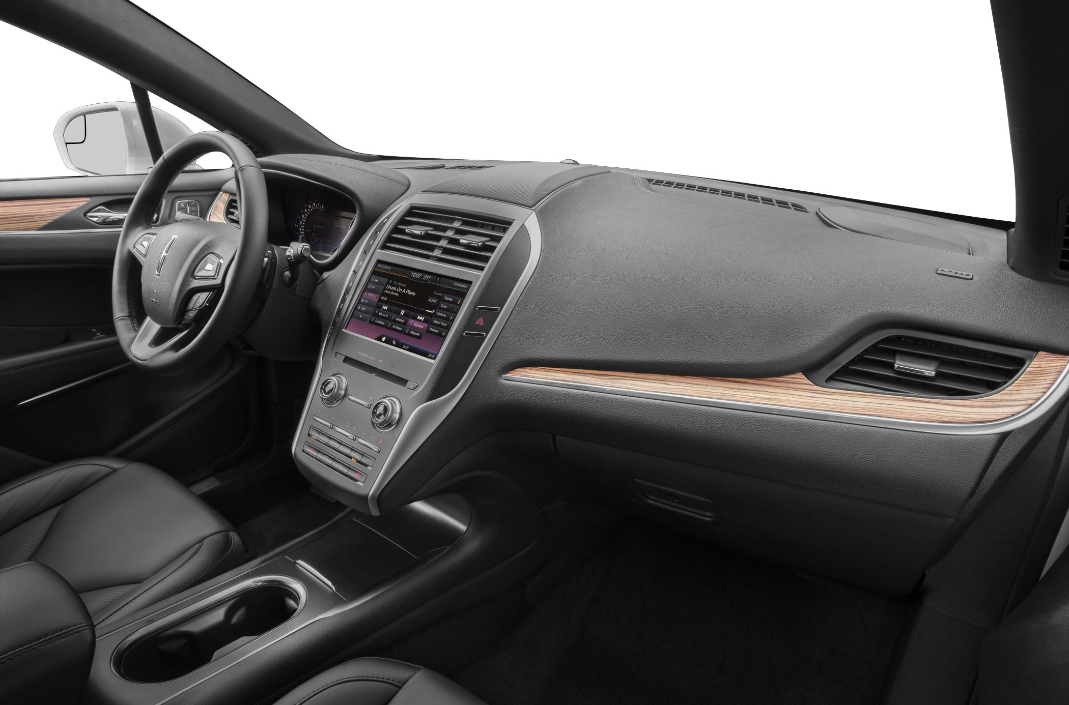 Interior dashboard with touchscreen, wood trim, and leather steering wheel