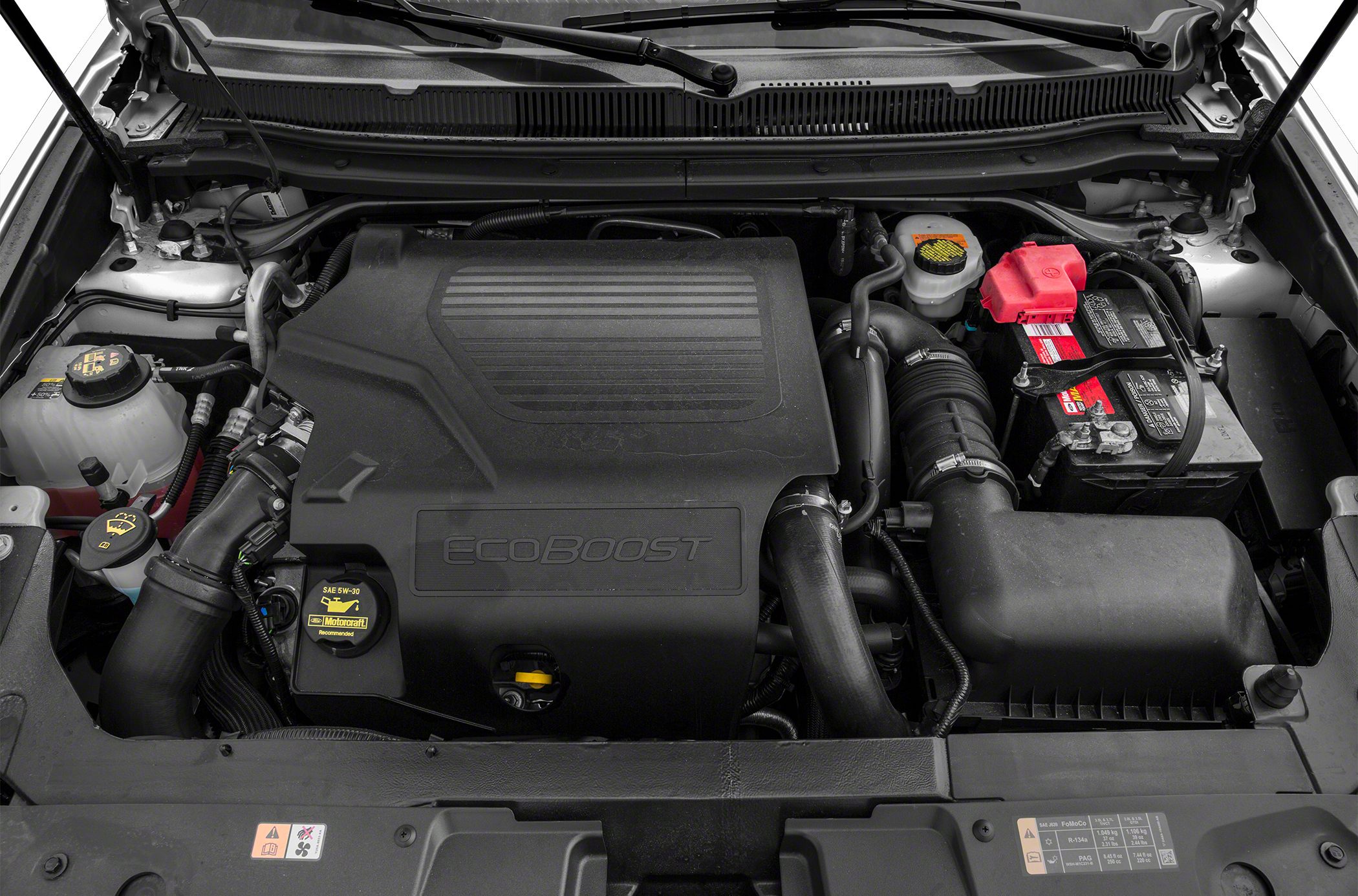 Ecoboost engine compartment with battery and fluid reservoirs