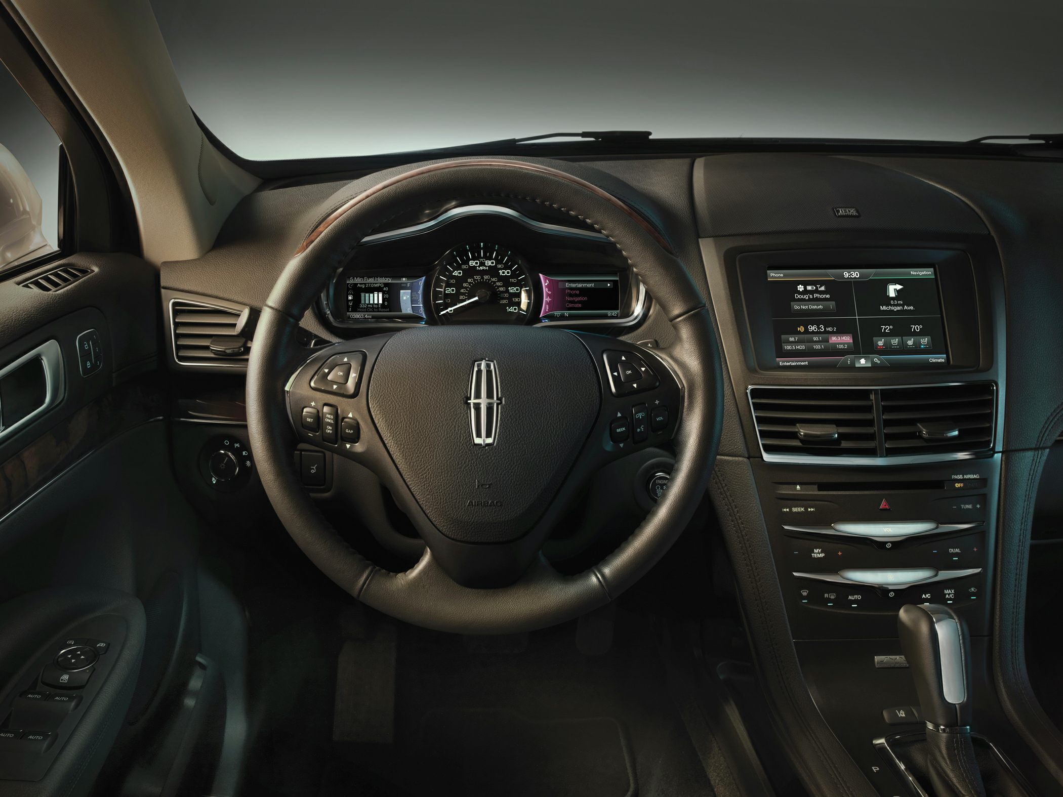 Dashboard and steering wheel with digital display and media console
