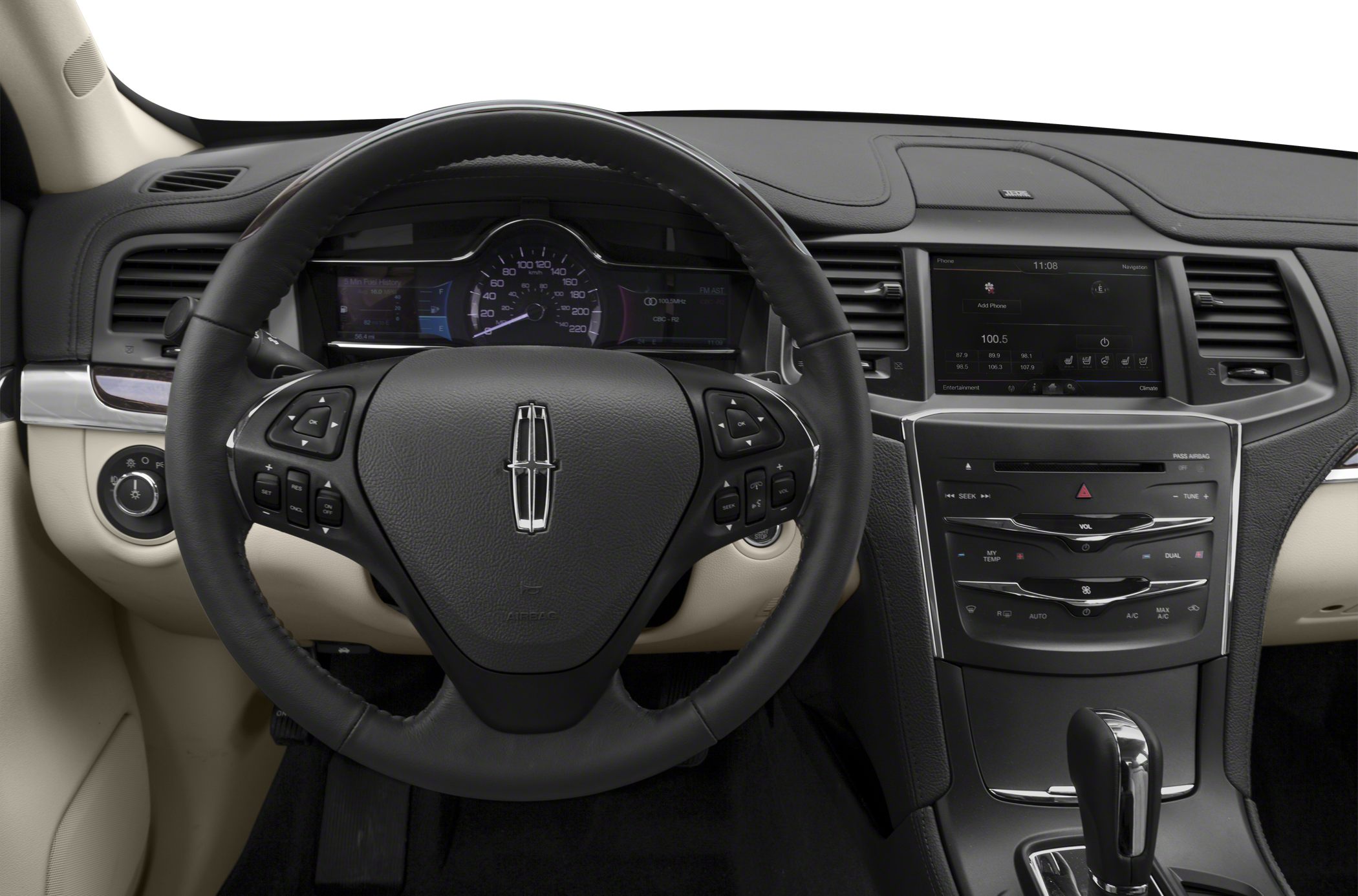 Steering wheel with control buttons and modern digital dashboard display