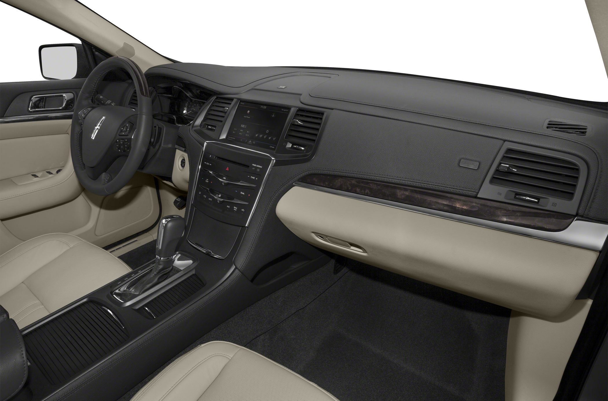 Modern luxury interior with leather steering wheel and central infotainment display