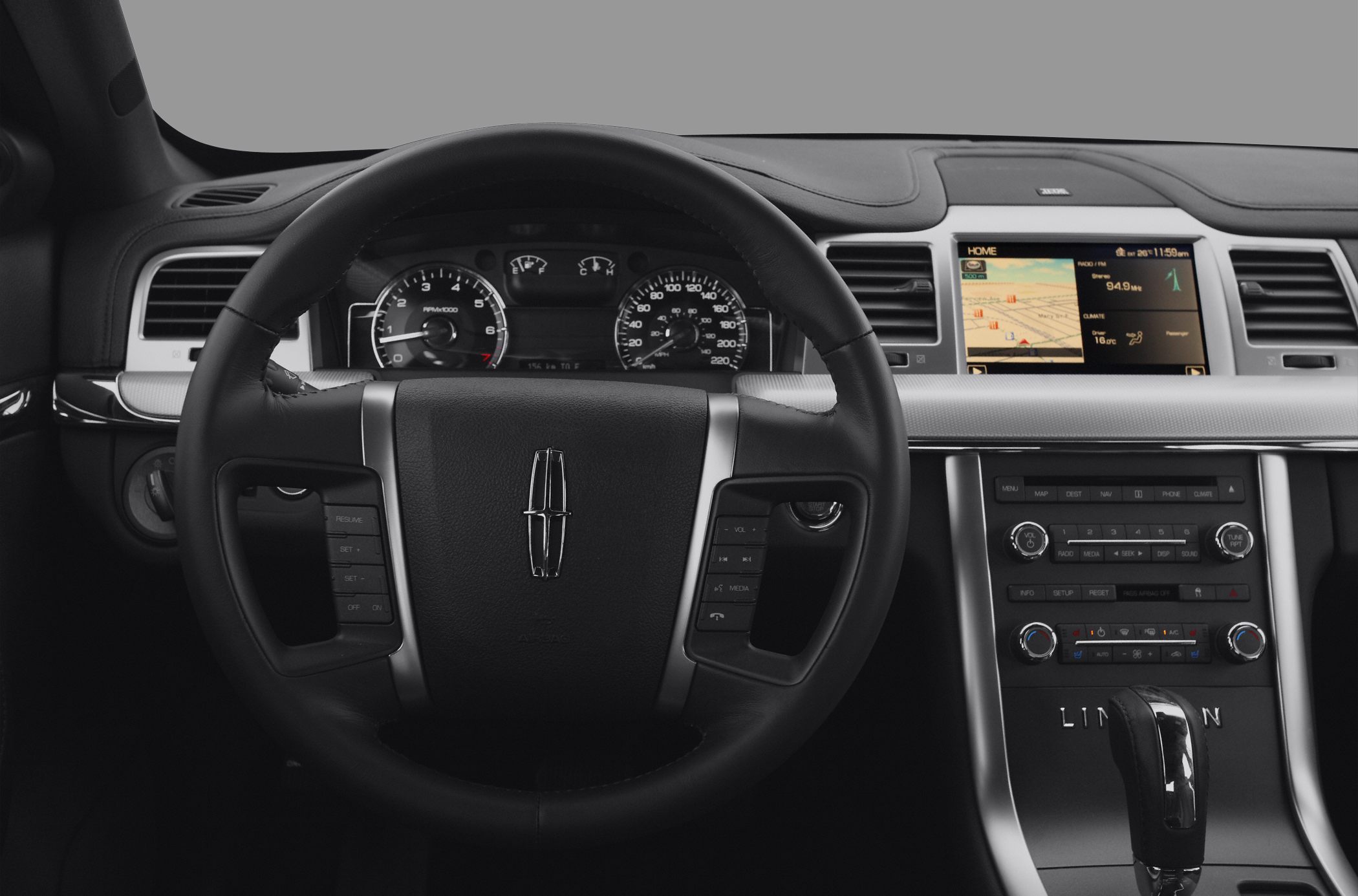 Steering wheel, instrument cluster, and center console with navigation screen