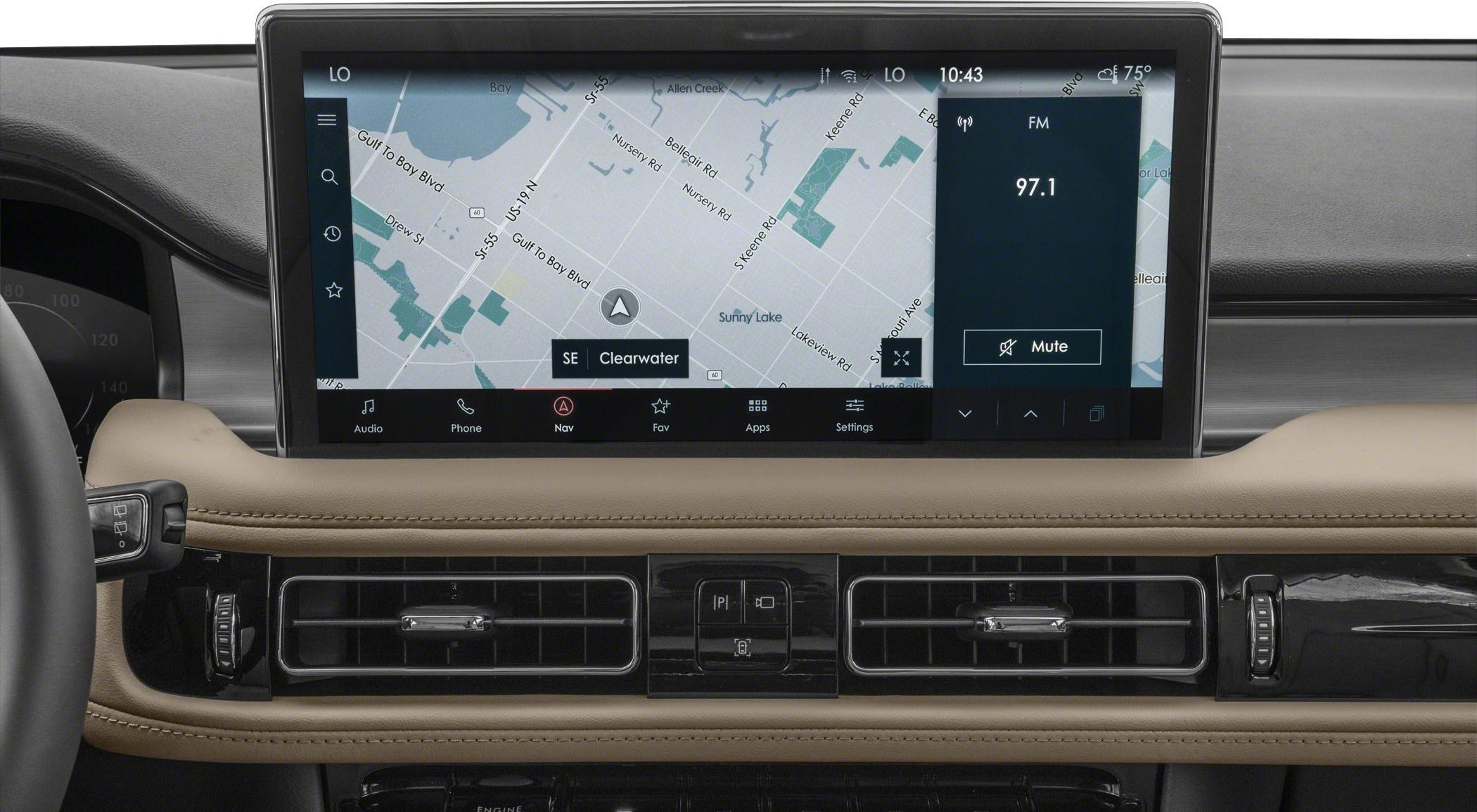 Large touchscreen infotainment display with navigation and radio controls
