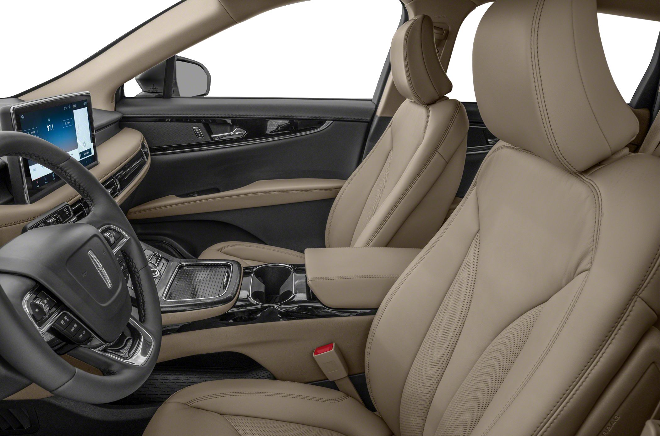 Beige leather seats with modern dashboard and infotainment display