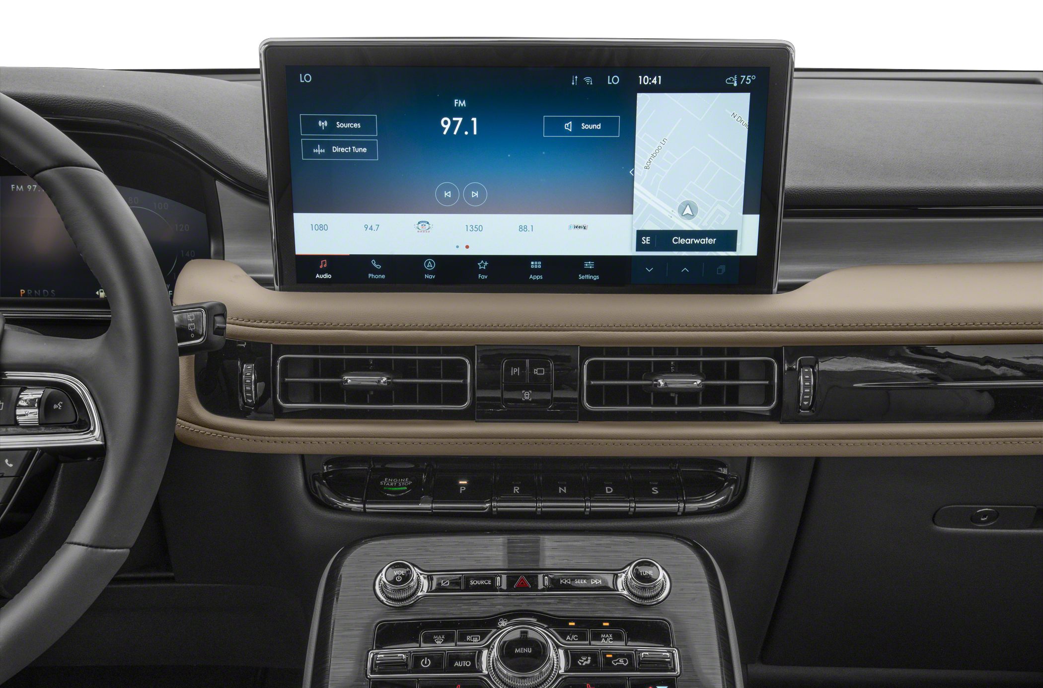 Infotainment touchscreen and central control panel with climate and audio controls