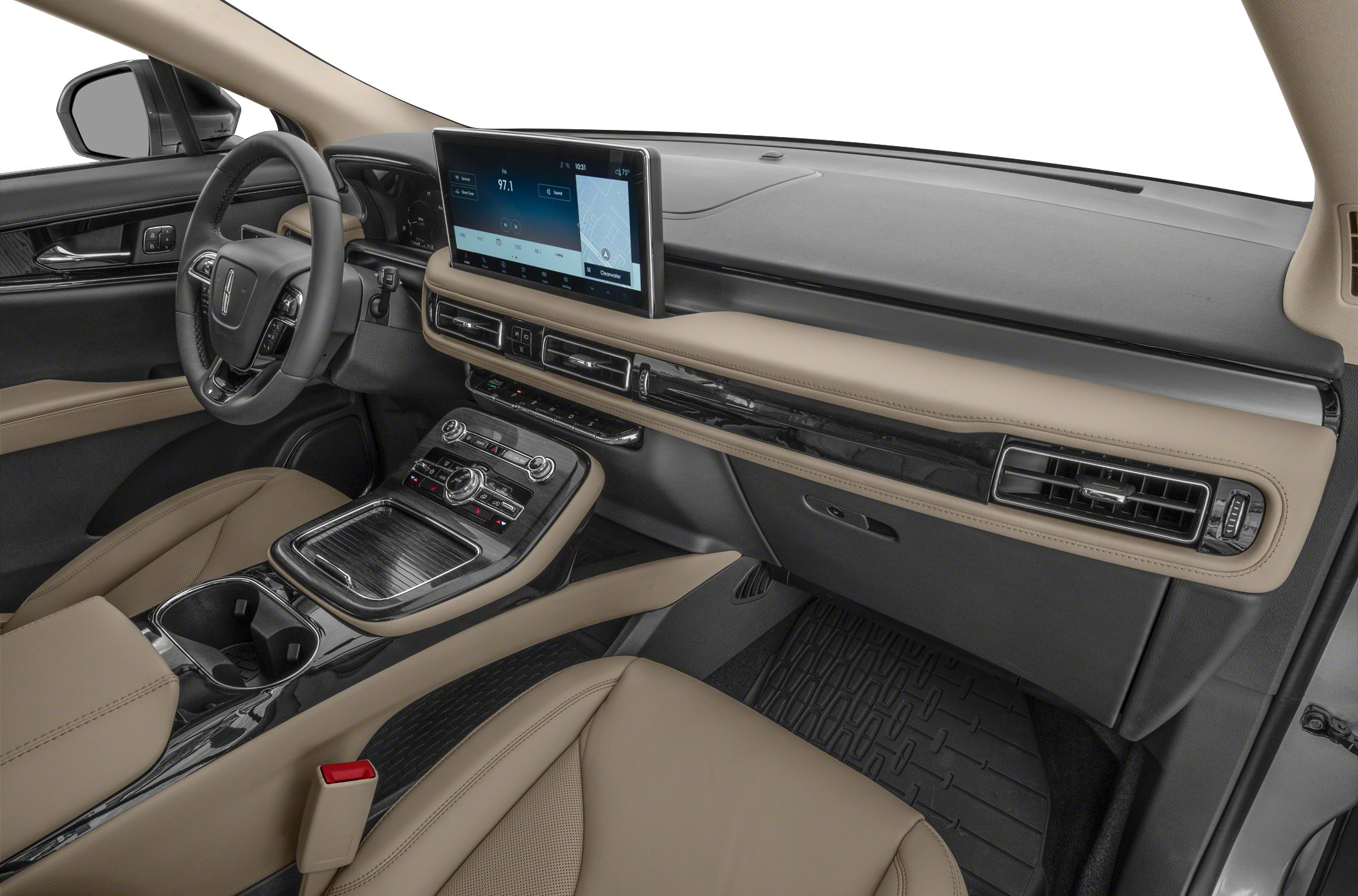 Modern SUV interior with touchscreen, dashboard, and beige leather seats