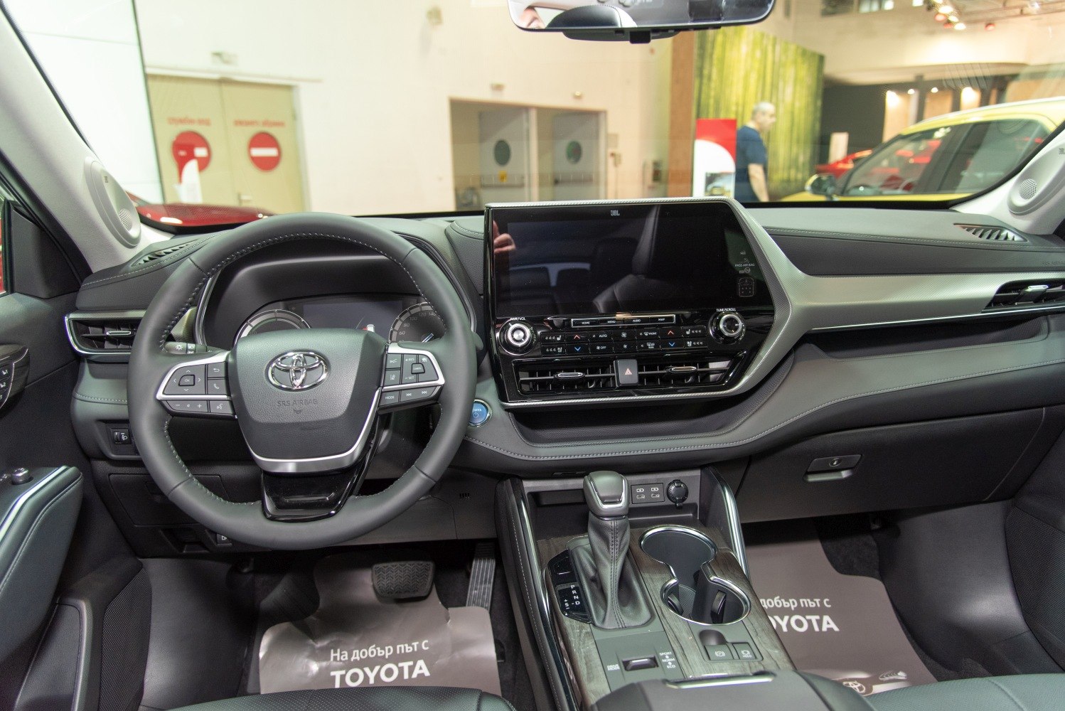 Modern car interior with digital dashboard and touchscreen infotainment