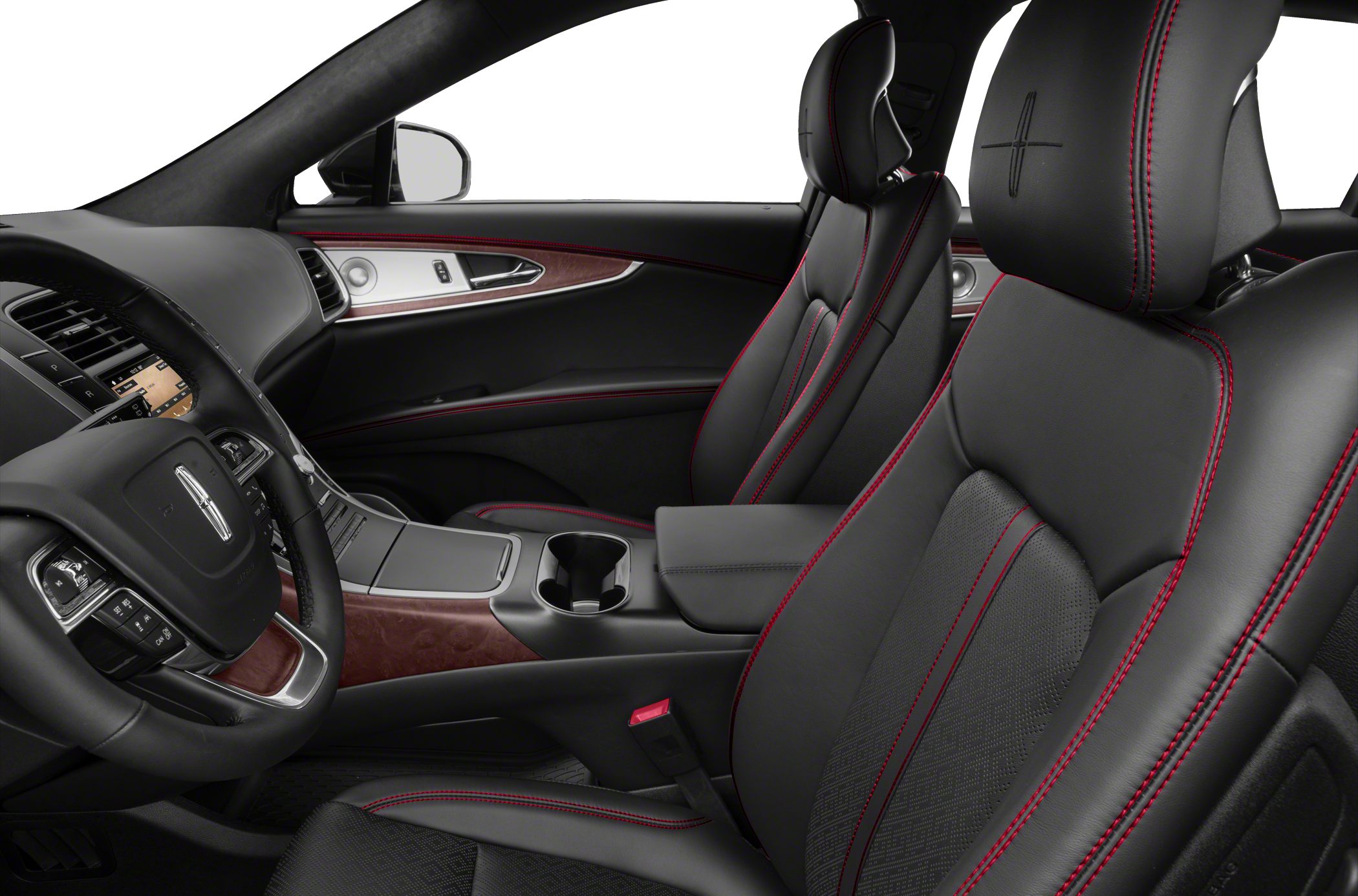 Black leather seats with red stitching and wood trim in modern luxury car interior.