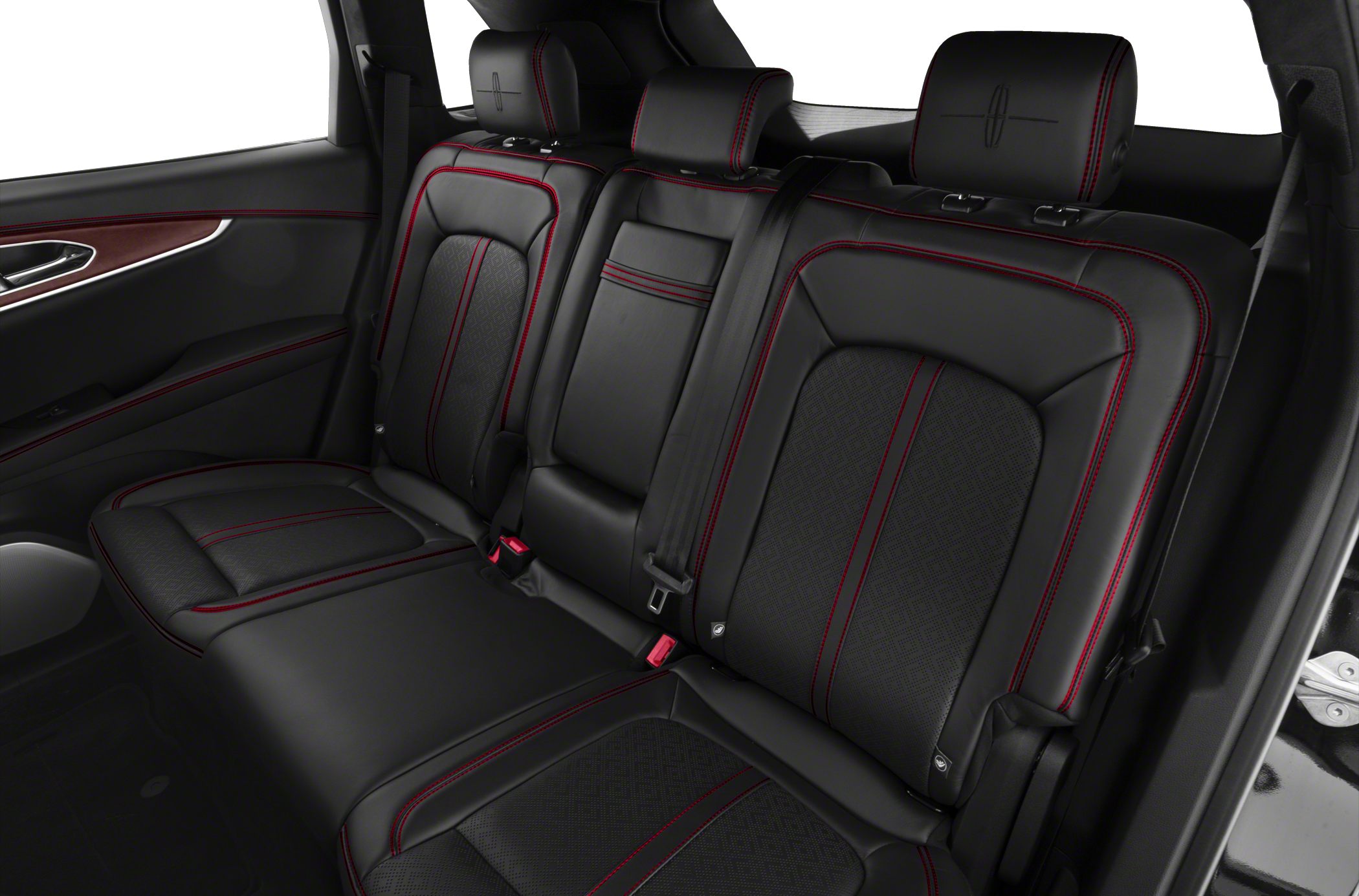 Black leather rear seats with red contrast stitching and headrests
