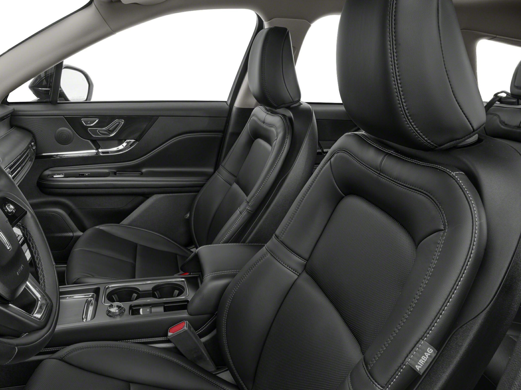Luxury black leather front seats with ergonomic design and intricate stitching.