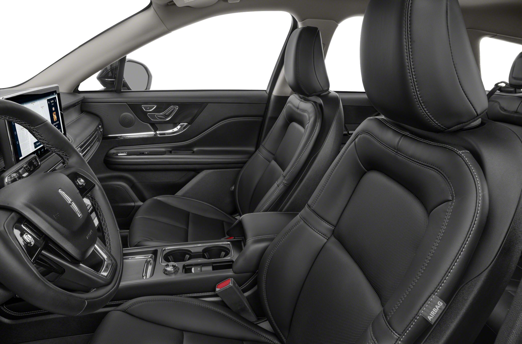 Black leather seats with detailed stitching and modern dashboard touchscreen