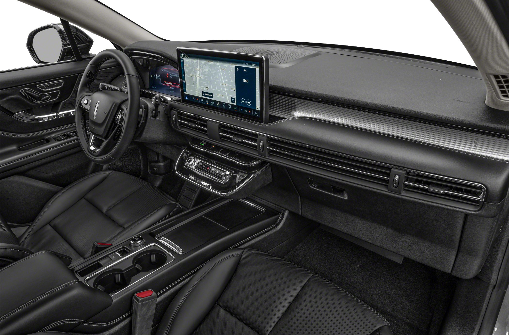 Wide touchscreen infotainment and sleek, modern dashboard with luxury seating