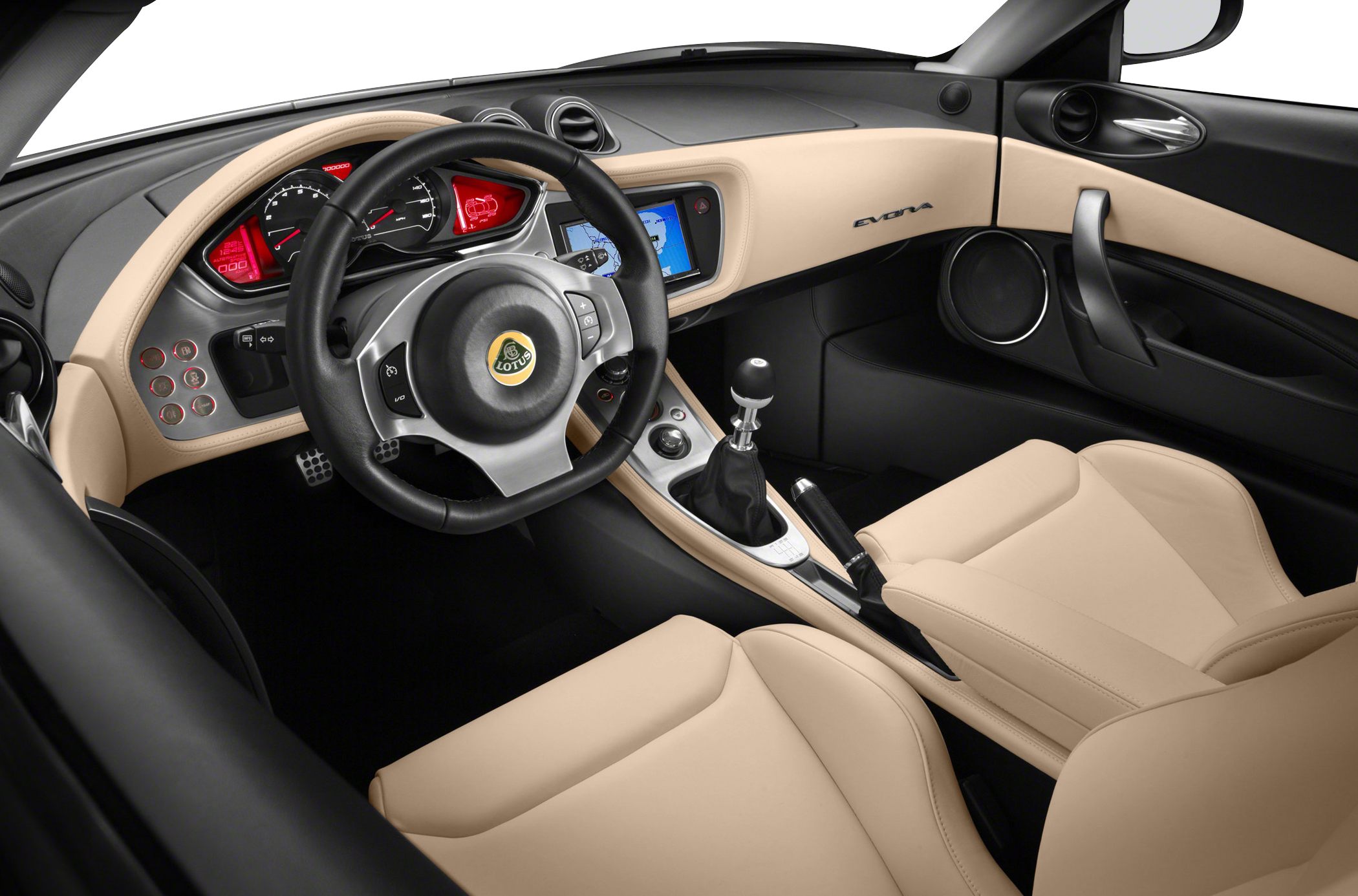 Manual gearshift, digital dashboard, beige leather seats, Lotus steering wheel
