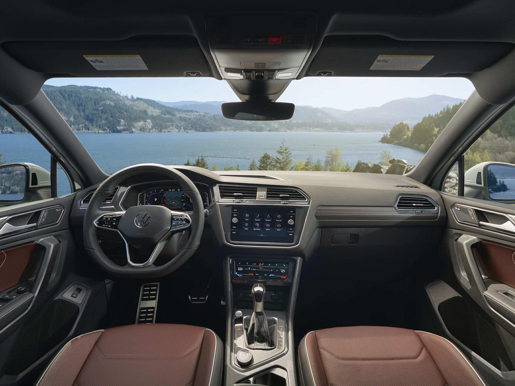 Modern car interior with digital dashboard and infotainment system