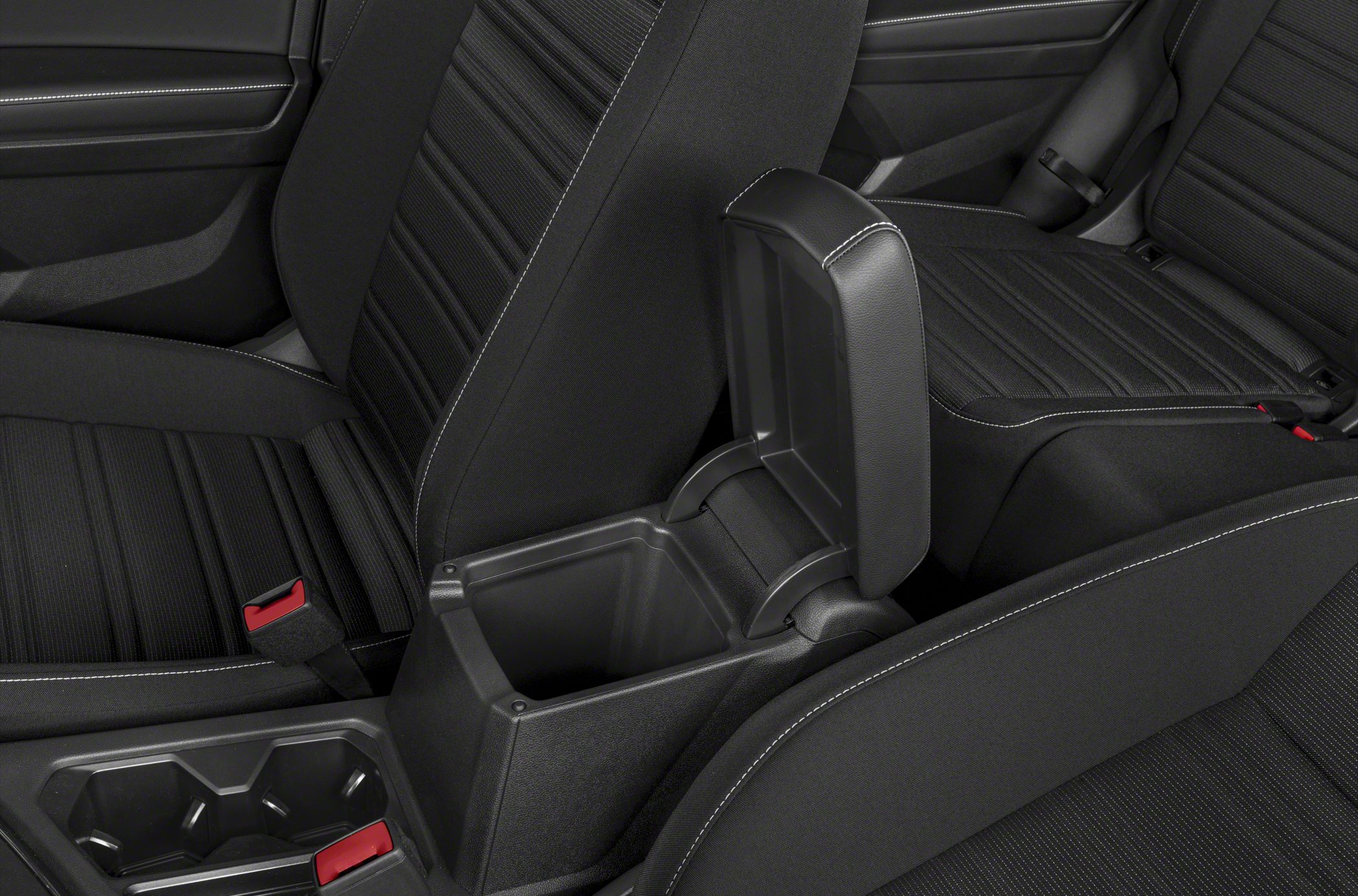 Center armrest storage compartment and dual cup holders in dark fabric interior