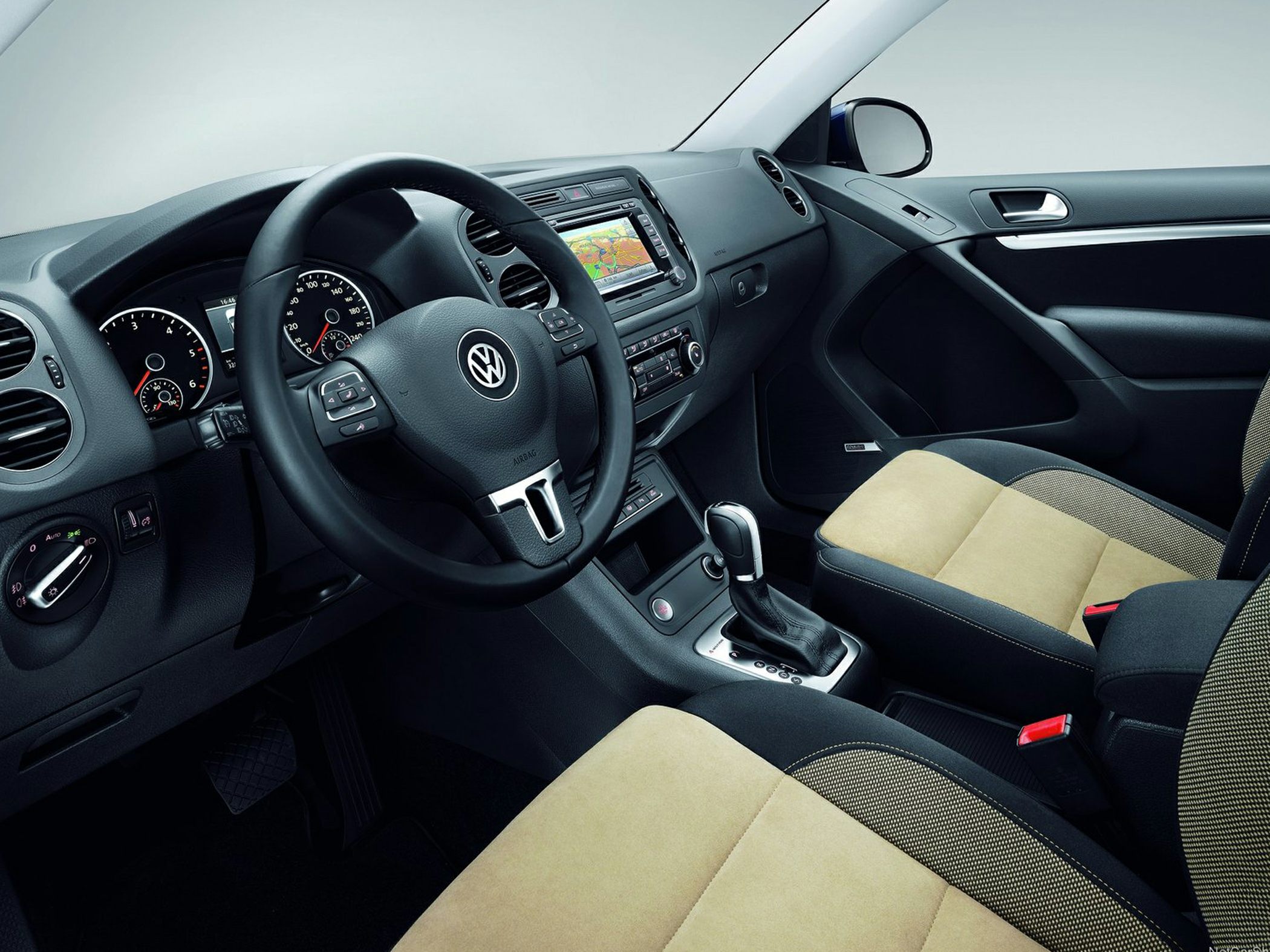 Dashboard, steering wheel, infotainment screen, two-tone seats