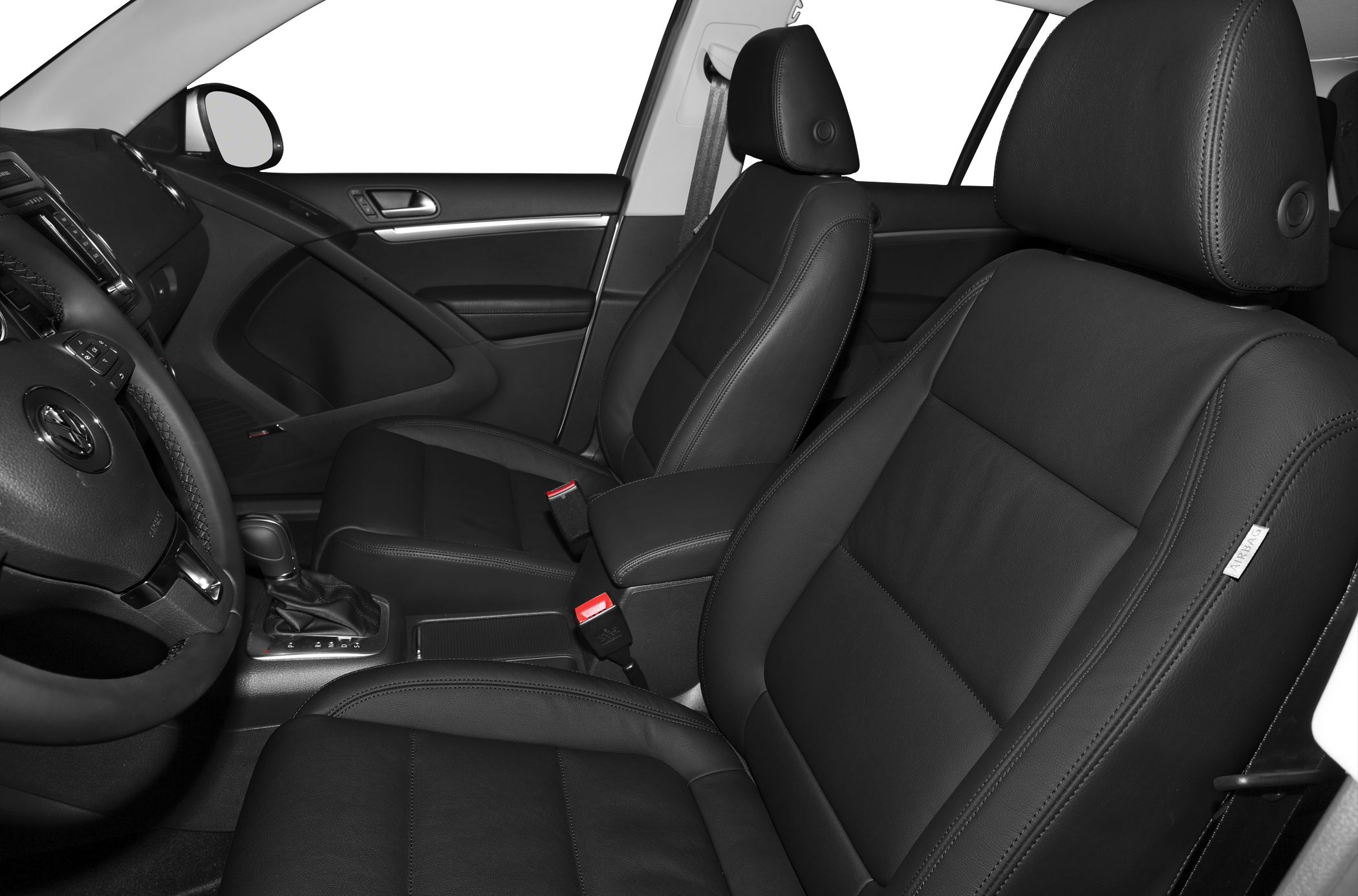 Black leather front seats and detailed car interior front cabin