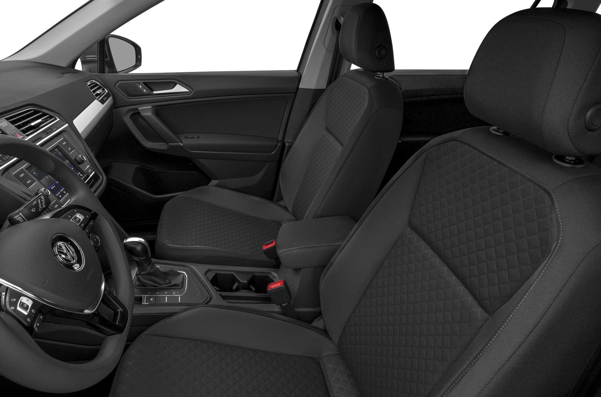 Modern ergonomic front seats with detailed upholstery and center console.