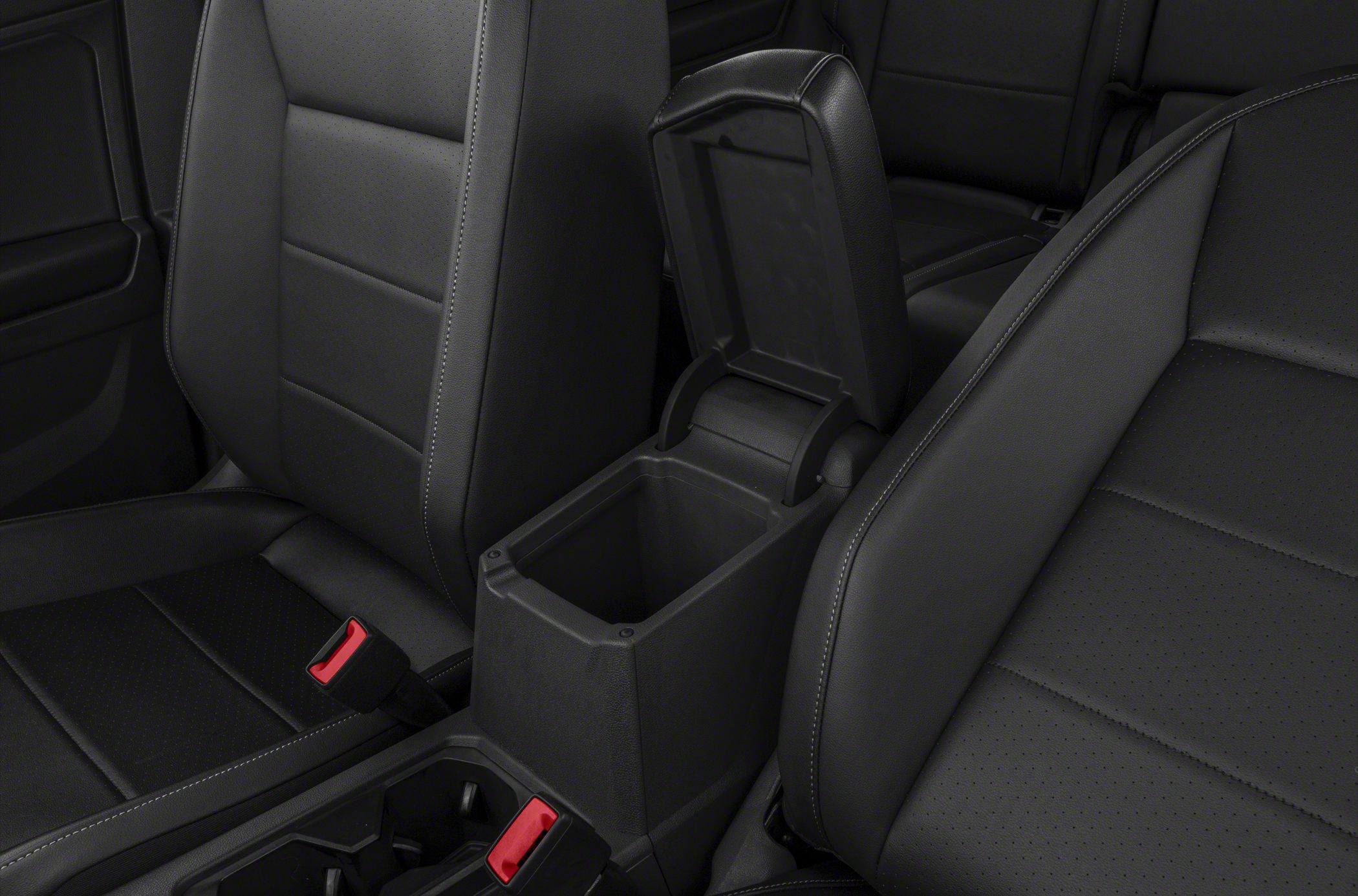 Black leather seats and open center console storage compartment