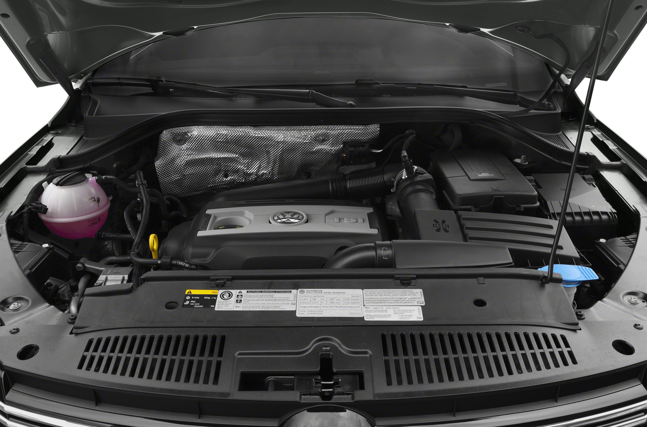 TSI engine bay with coolant reservoir and air intake assembly