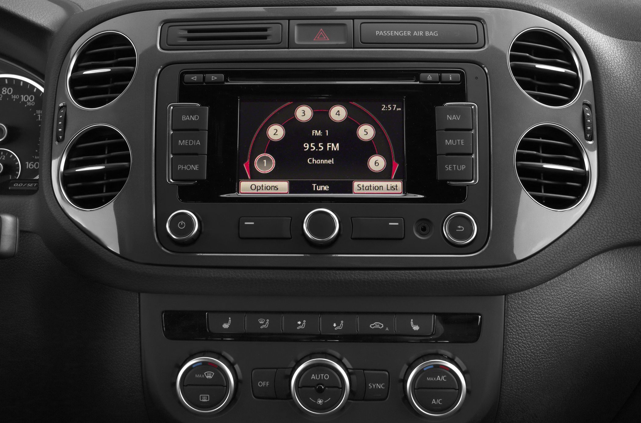Car infotainment screen and climate control panel with radio and heated seats