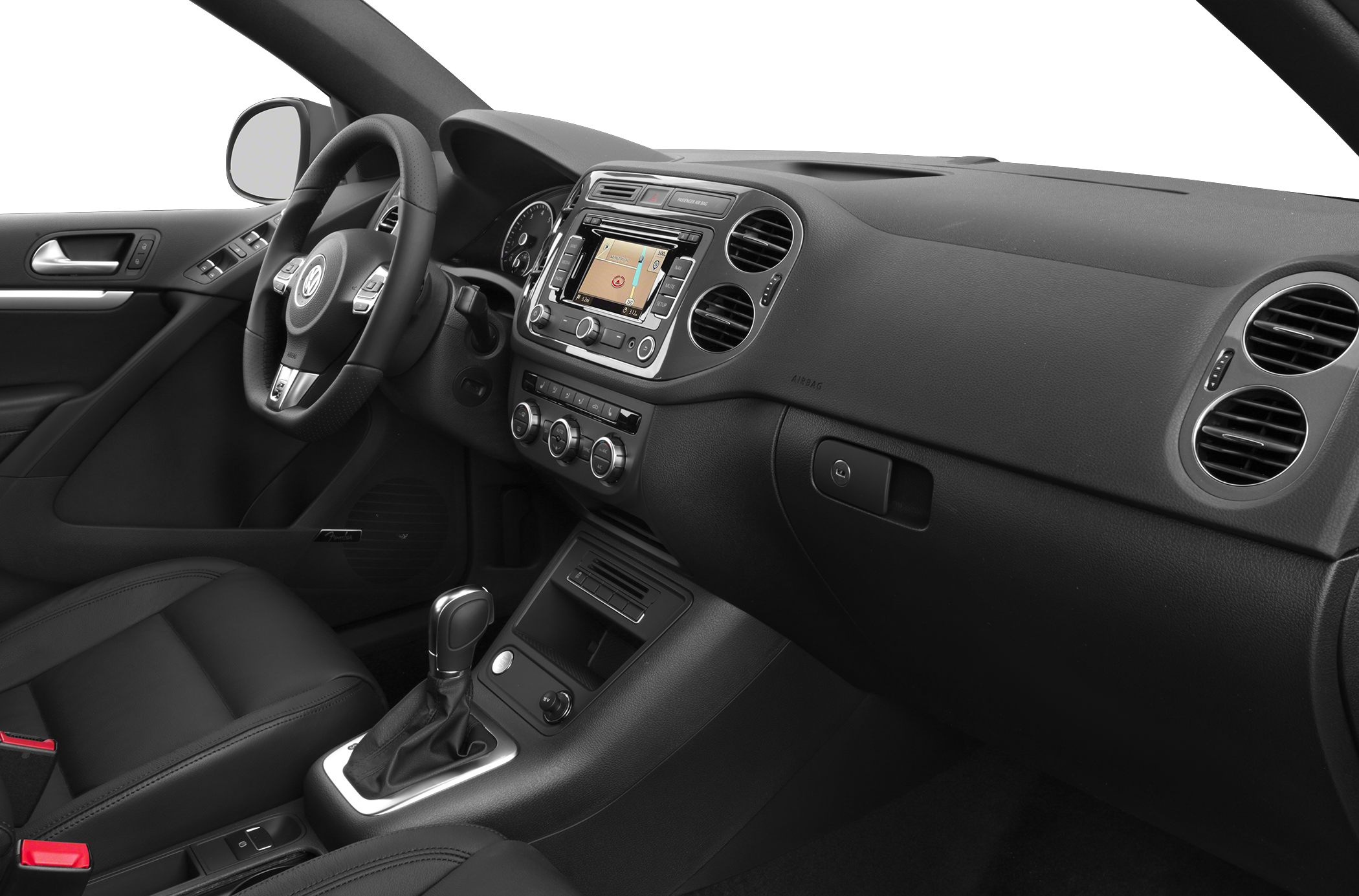 Dashboard with navigation screen, steering wheel, gear shifter, air vents
