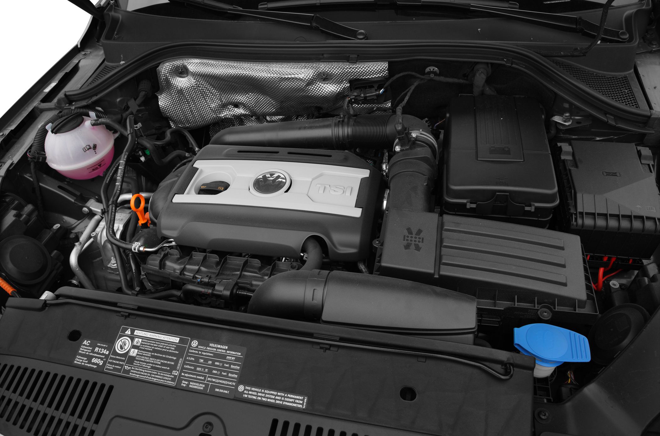 TSI turbocharged engine bay with air intake and fluid reservoirs