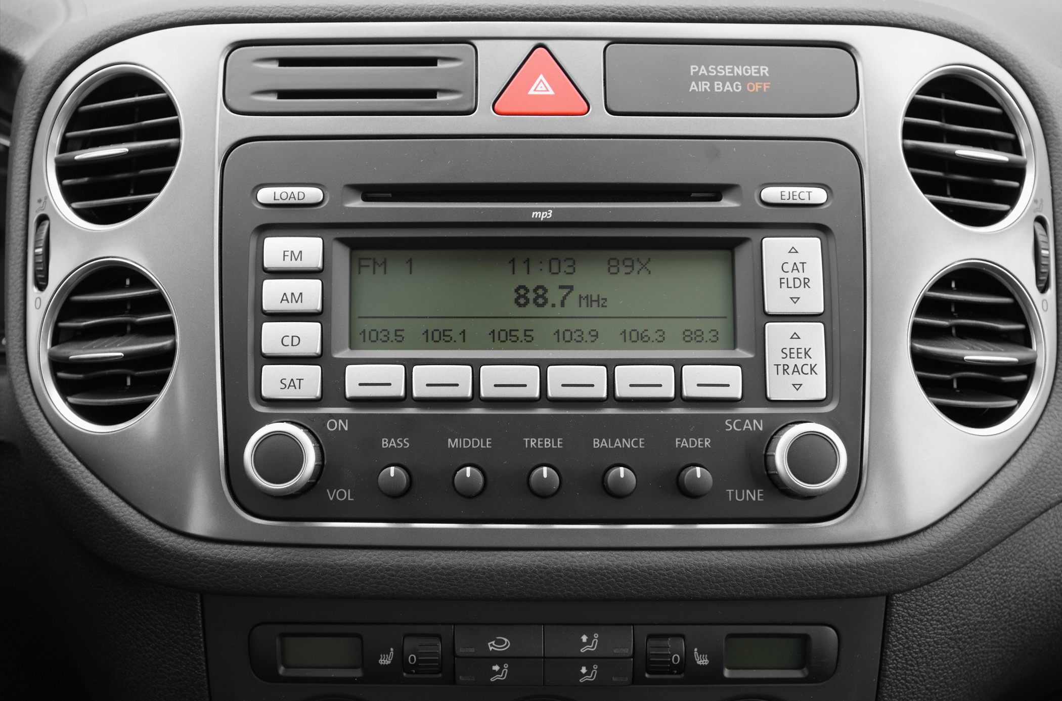 Central dashboard with audio system and air vents