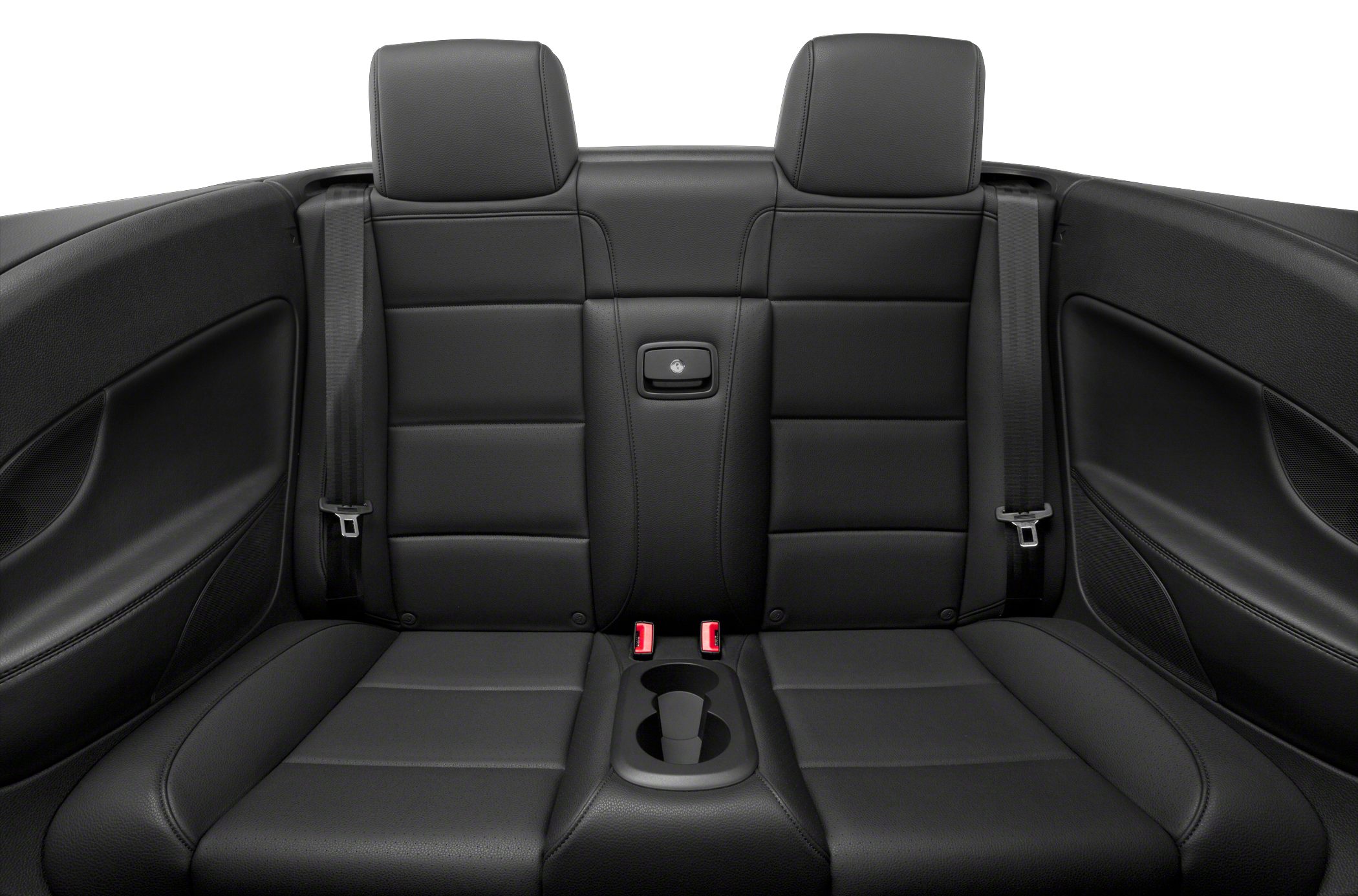Black leather rear seats with integrated cupholder and seat belts.